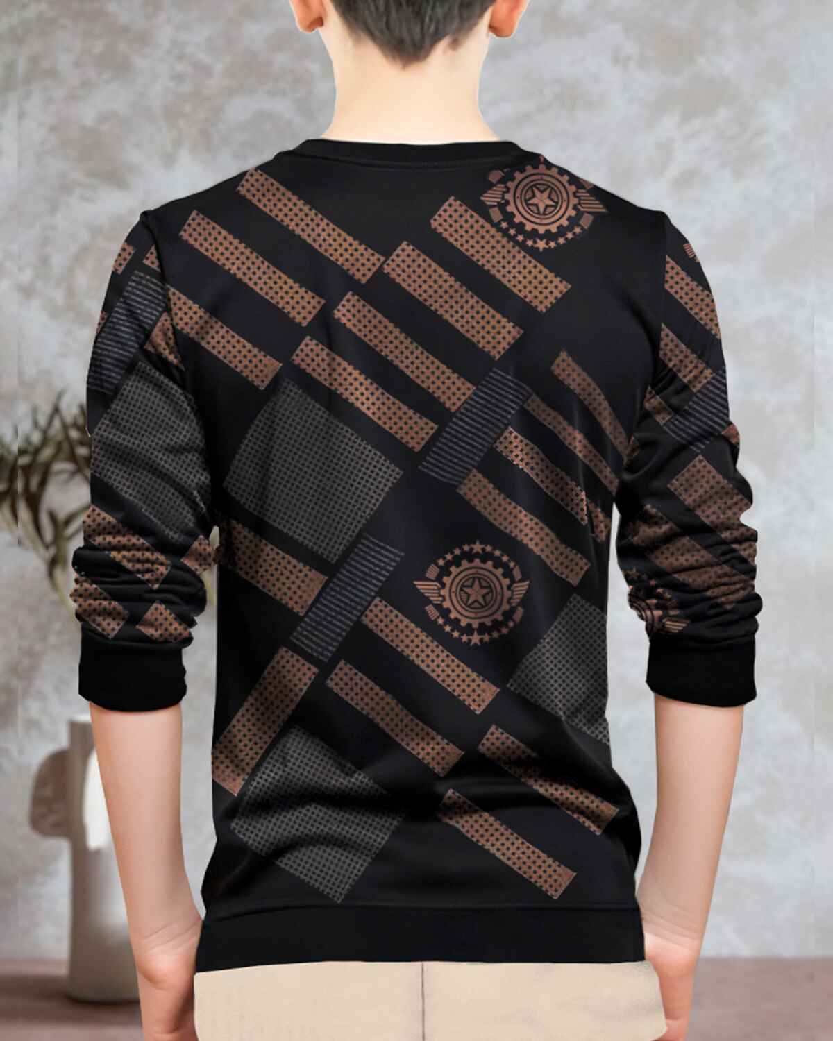 Boys Full Sleeve Black & Brown Printed T-shirt