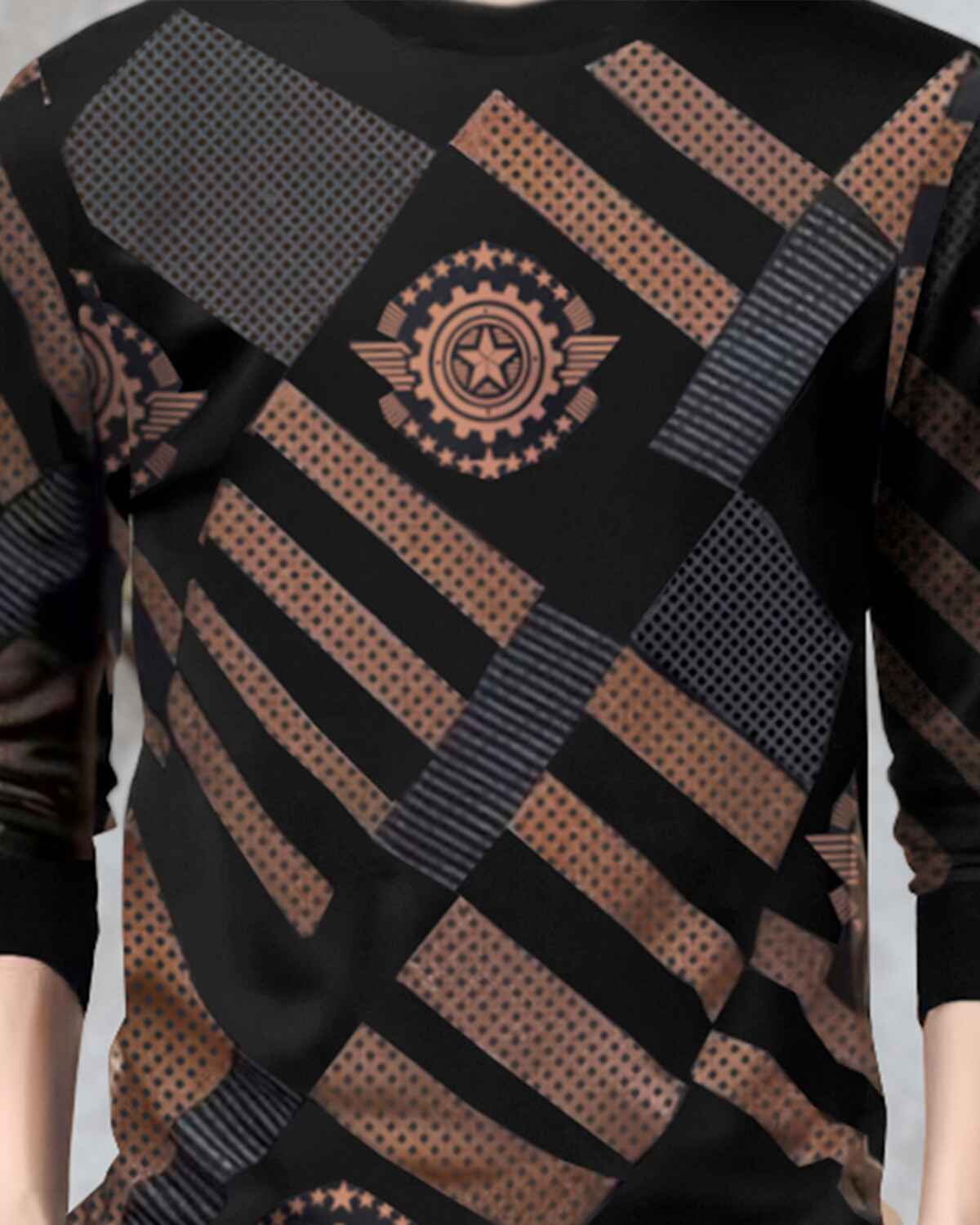 Boys Full Sleeve Black & Brown Printed T-shirt