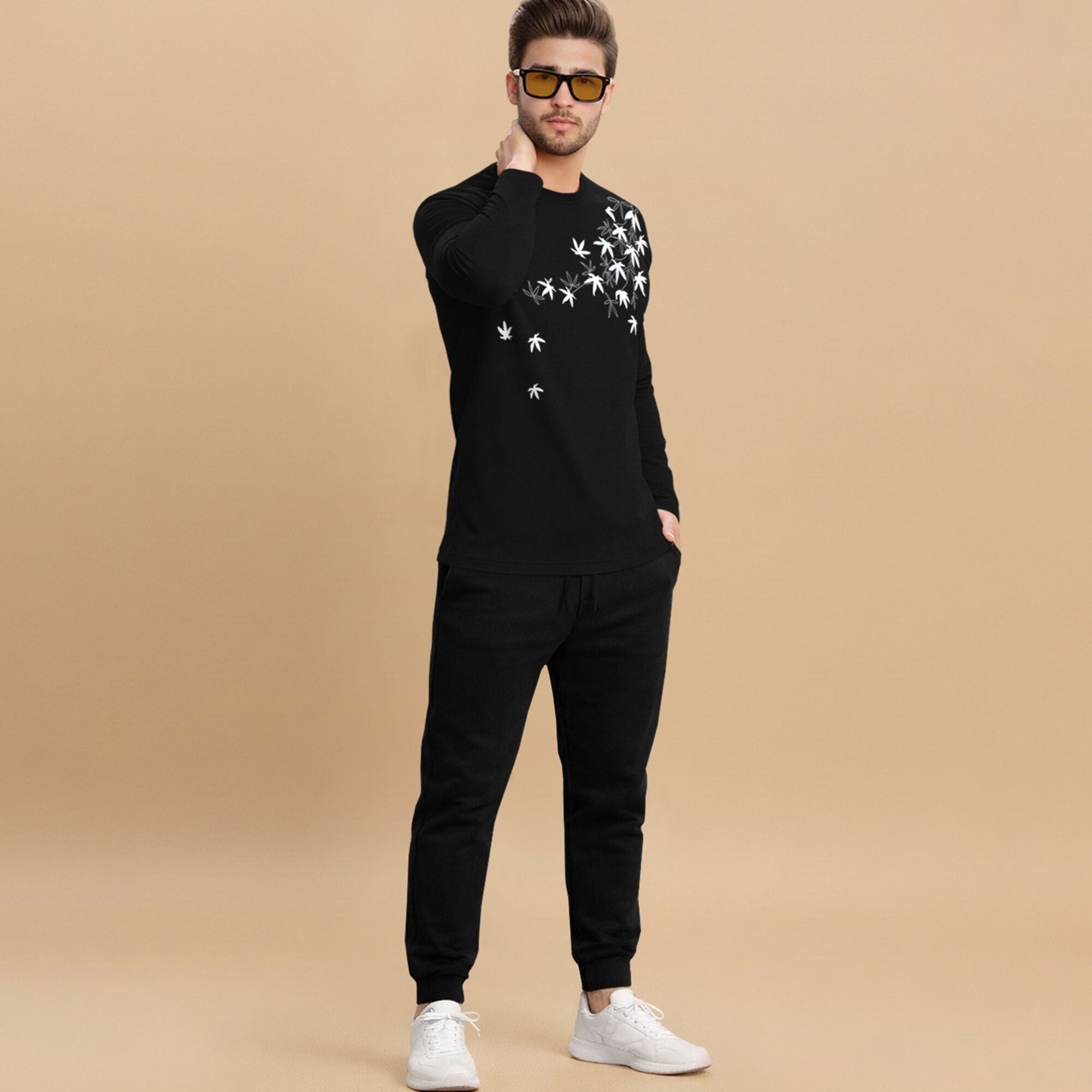 Full Sleeve Printed Black Tshirt & Plain Black Trackpant