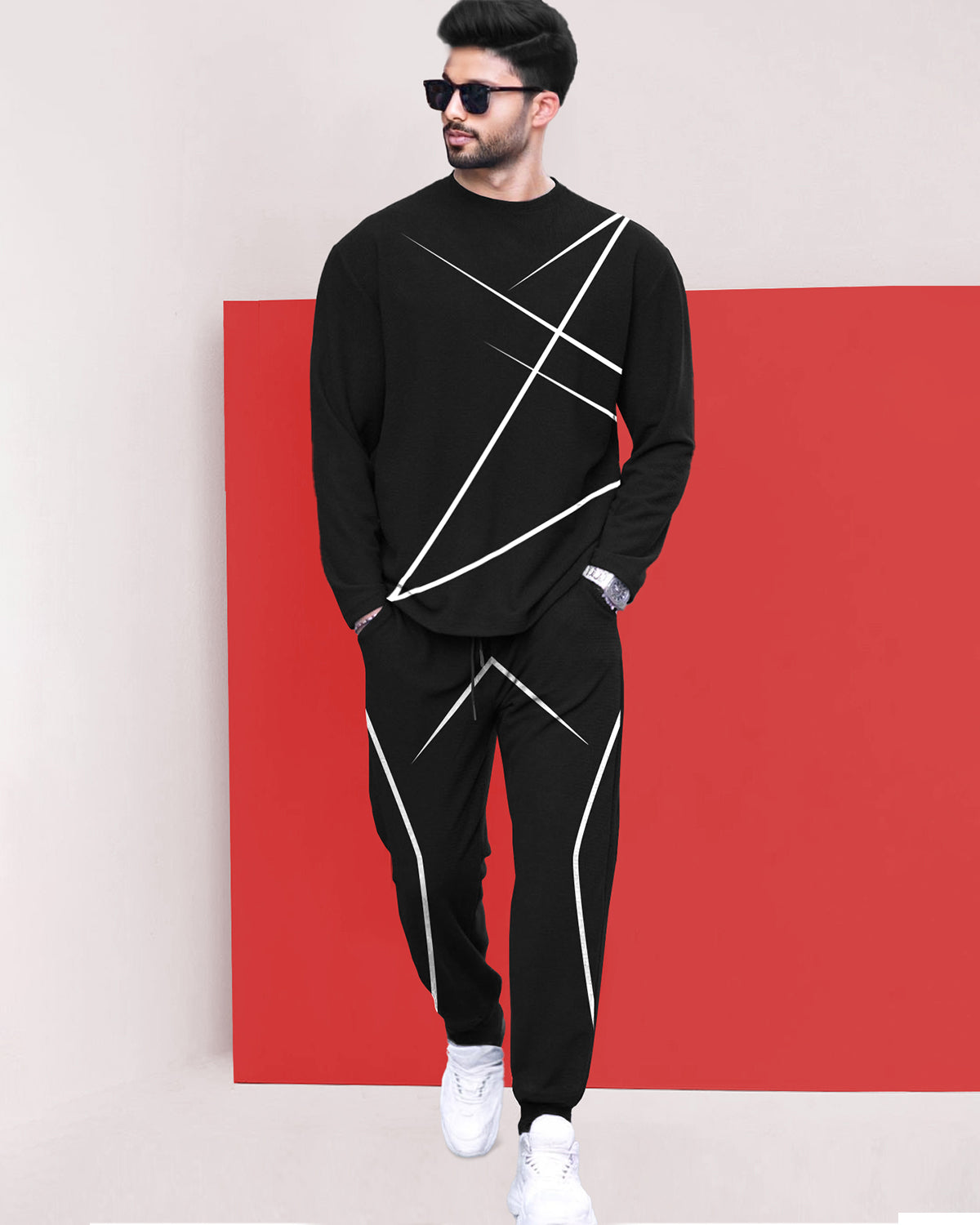 Round Neck Full Sleeve Black T-shirt with Black Trackpant Mens Tracksuit