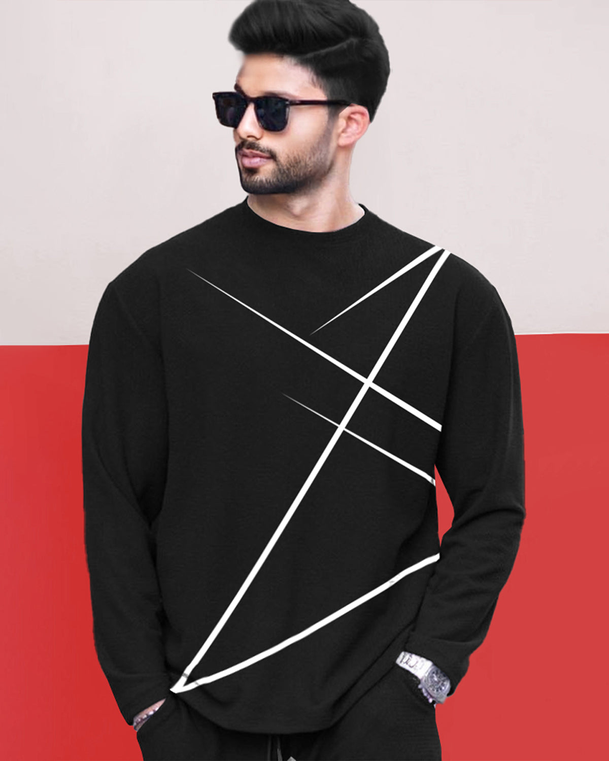 Round Neck Full Sleeve Black T-shirt with Black Trackpant Mens Tracksuit
