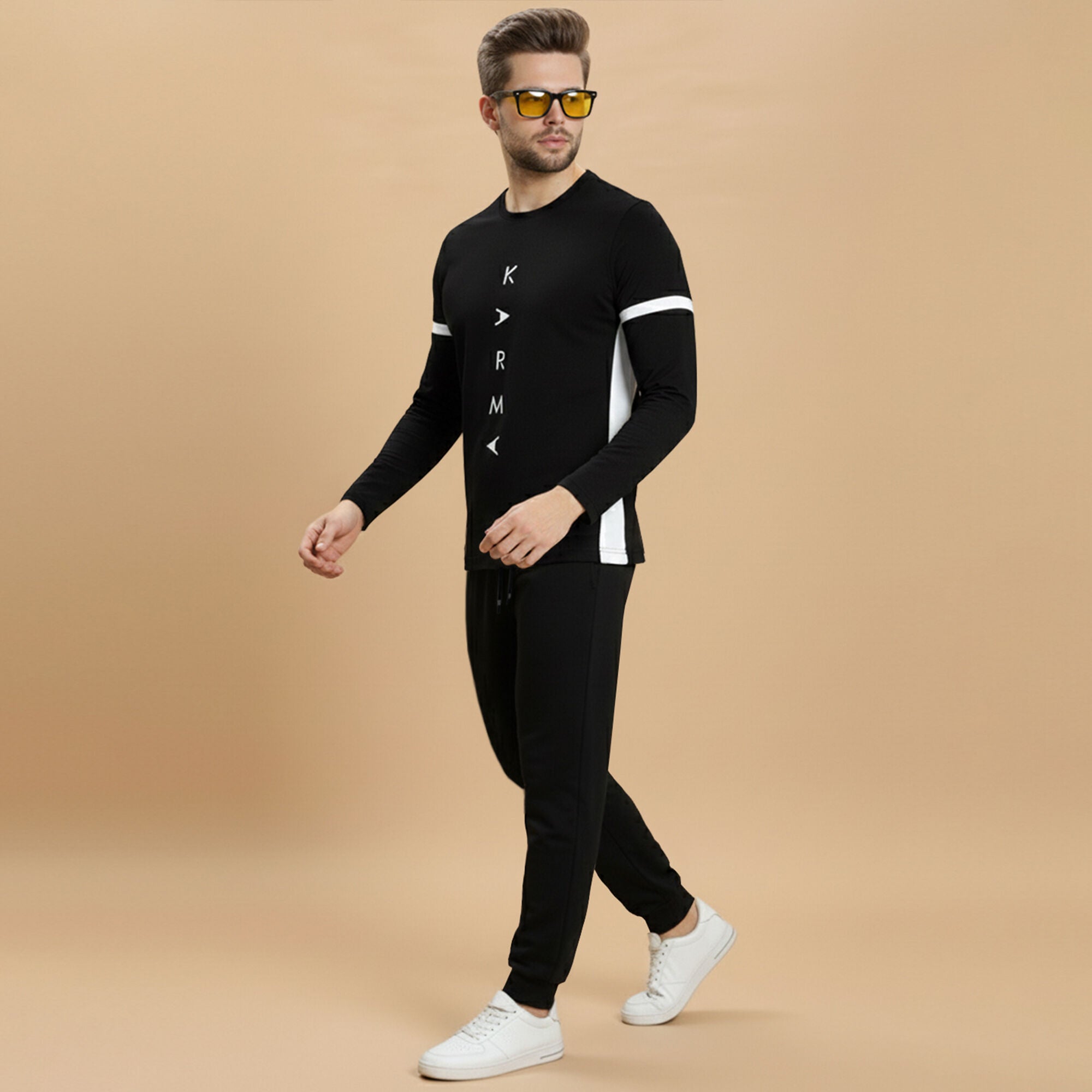 Out Fit Set Full Sleeve Printed Black Tshirt Matching Black Trackpant