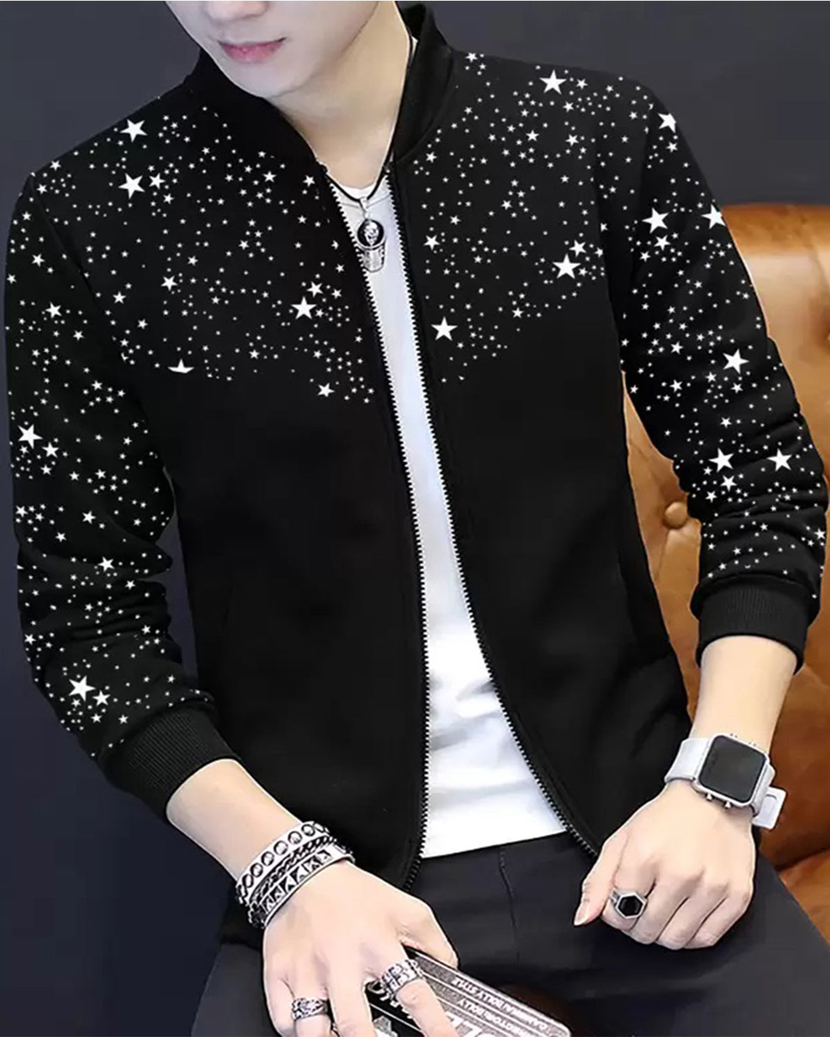 Men Star Printed Black Round Neck Jacket