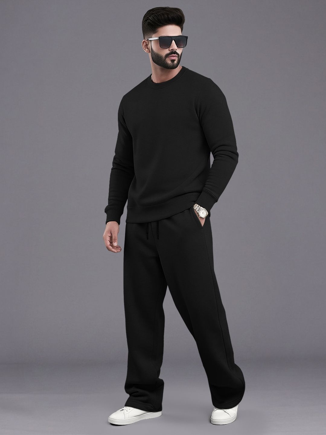 Tracksuit Men Round Neck Plain Sweatshirt & Loose Fit Plain Trackpants