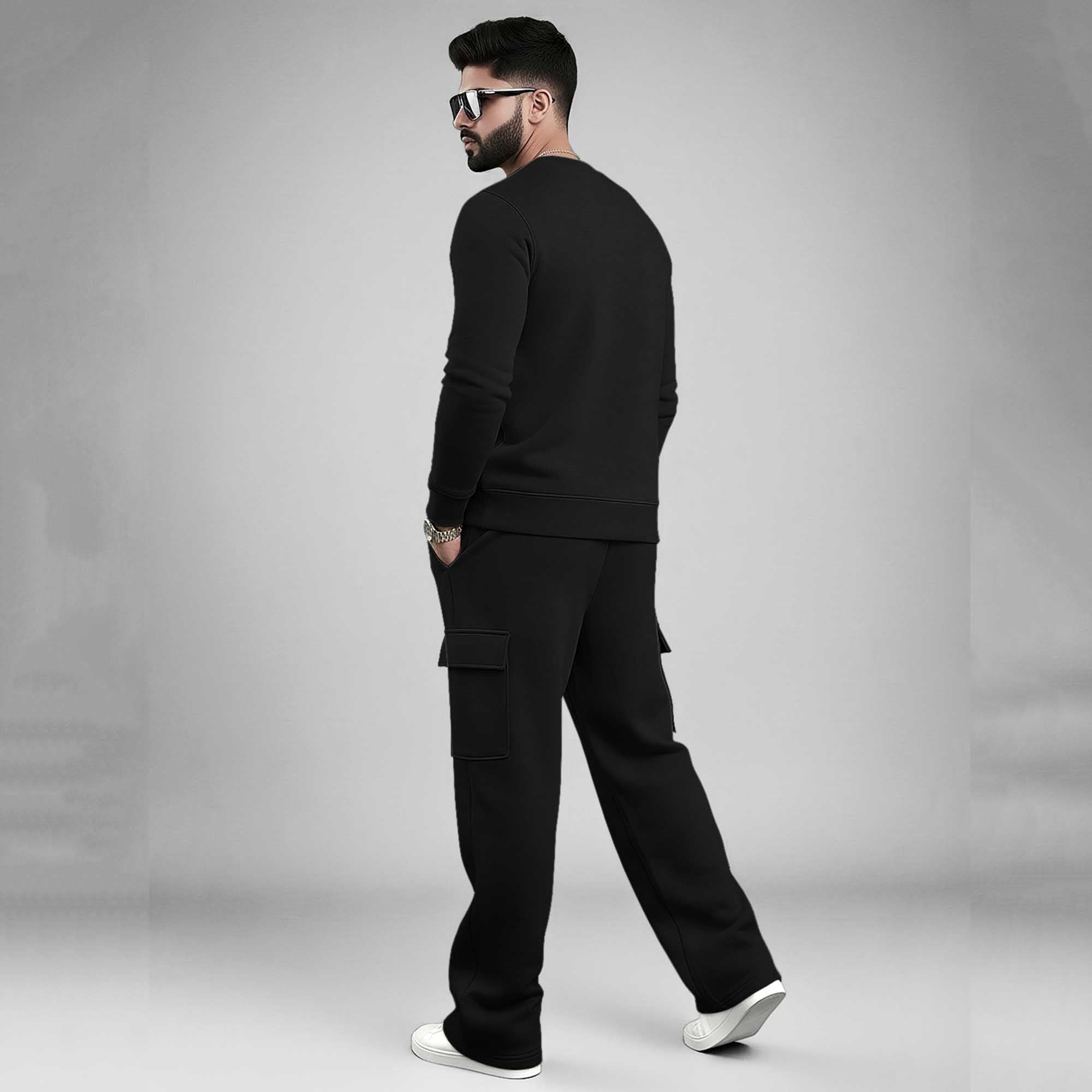 Black Round Neck Sweatshirt and Black Baggy Cargo Tracksuit