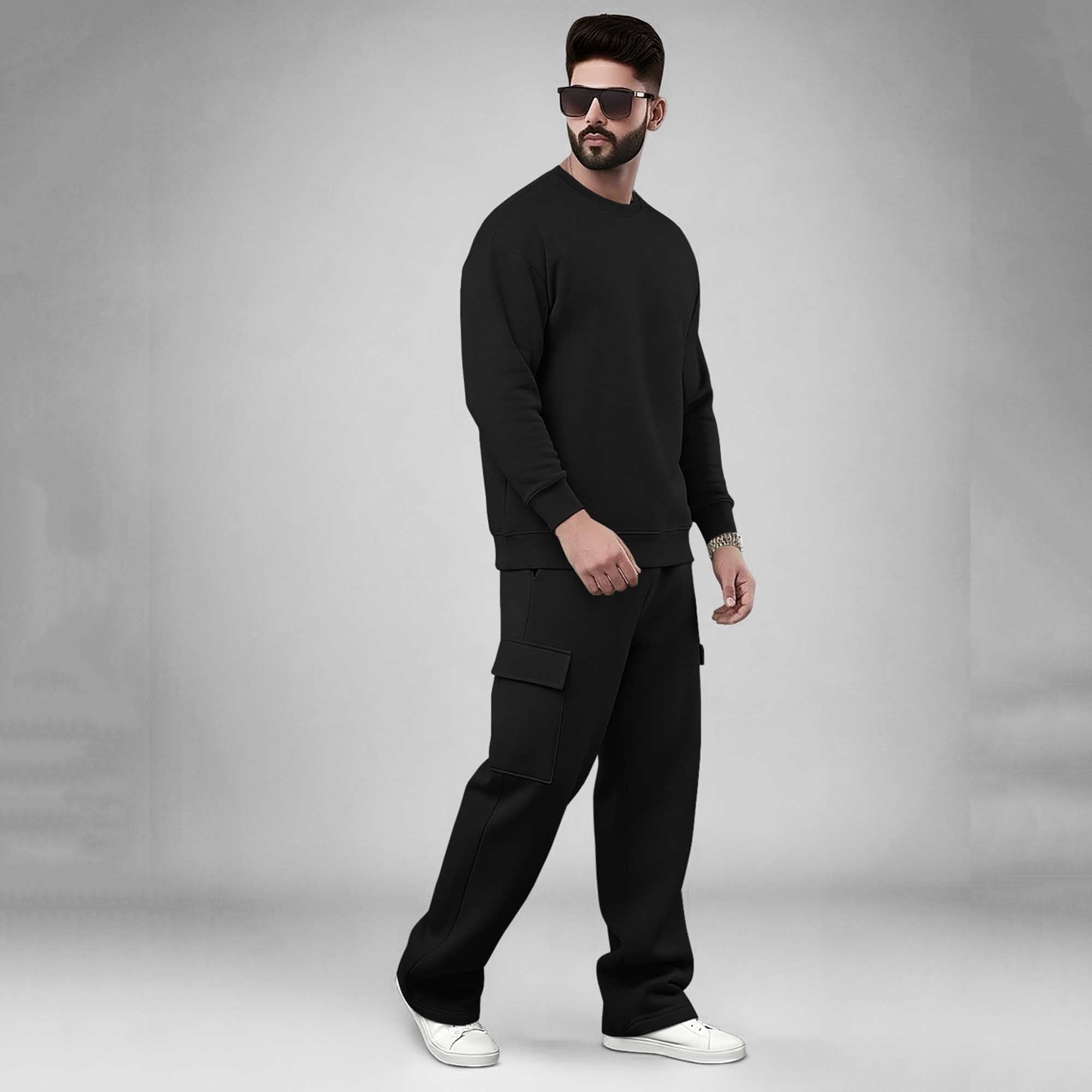 Black Round Neck Sweatshirt and Black Baggy Cargo Tracksuit