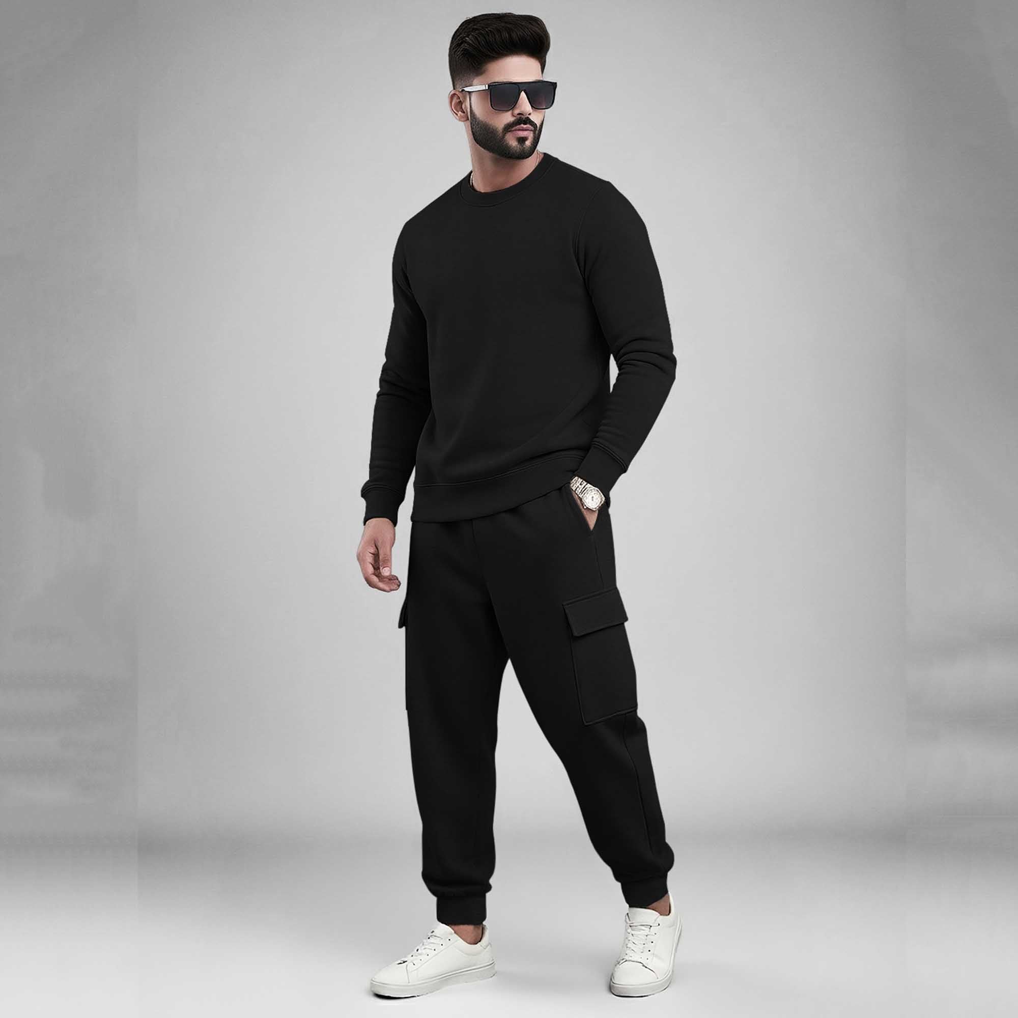 Men's Plain Round Neck Sweatshirts and Cargo Joggers Outfit Sets