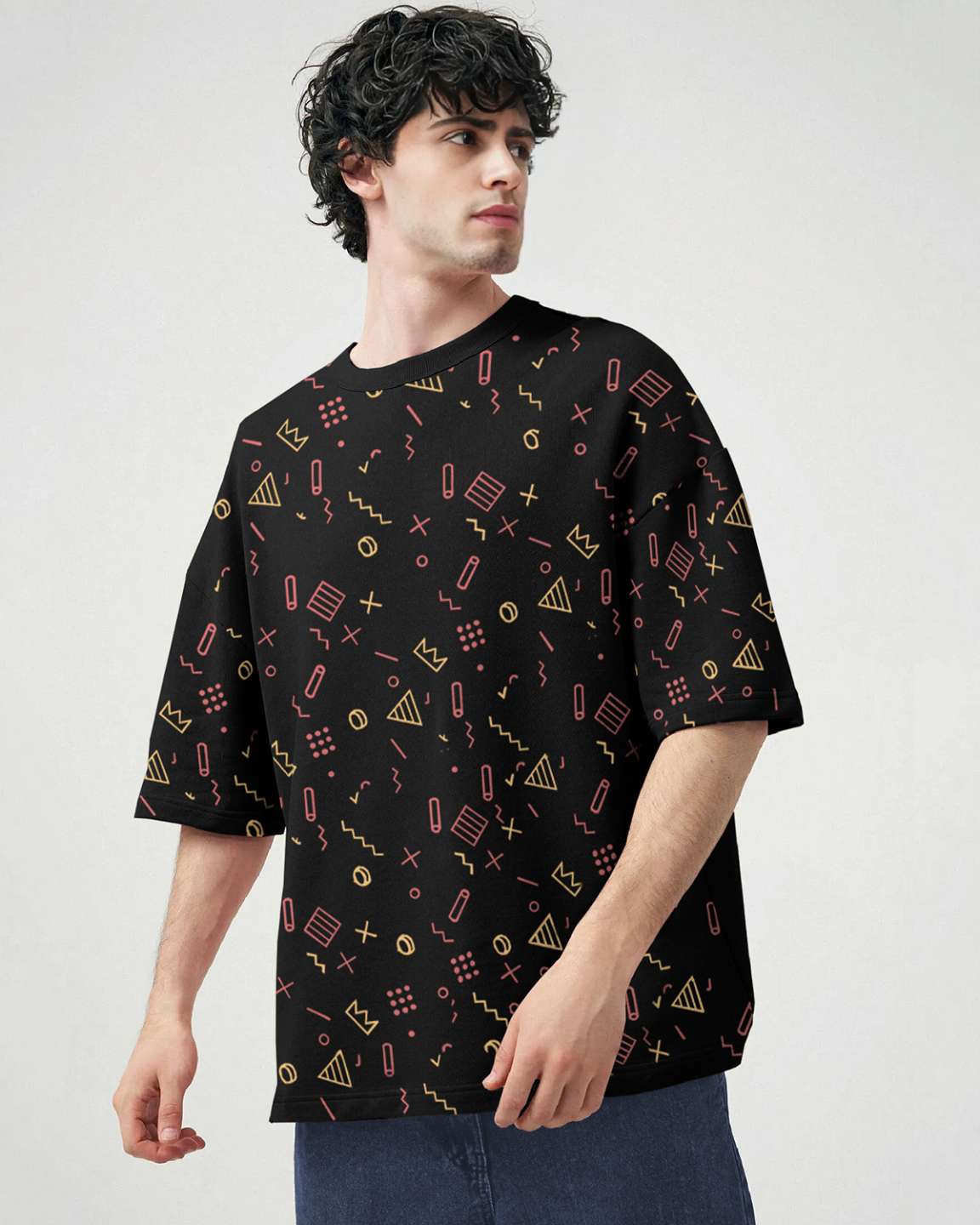 Mens All Over Printed Black Drop Shoulder Tshirt