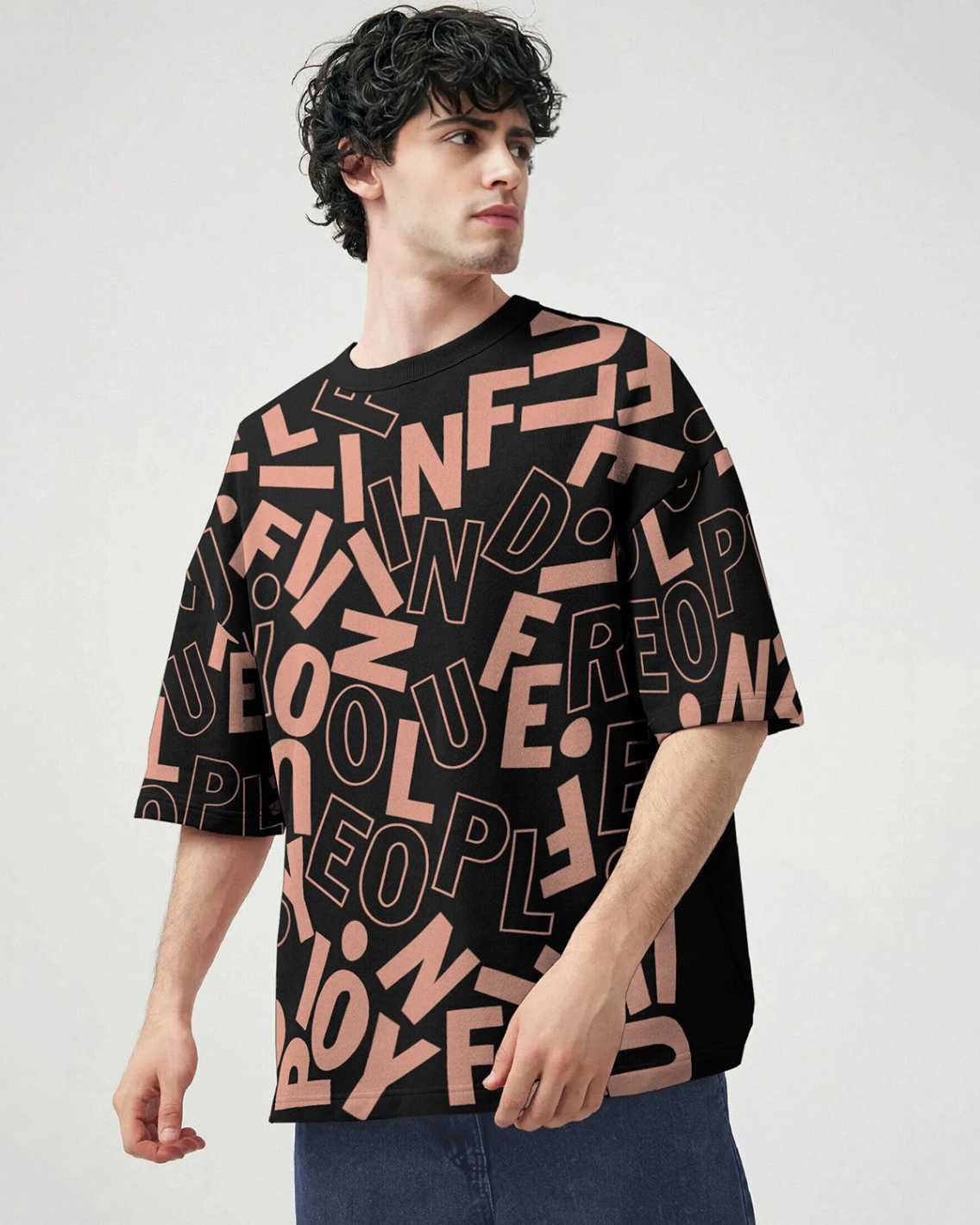 Men Over All Printed Black Over Size T-shirt