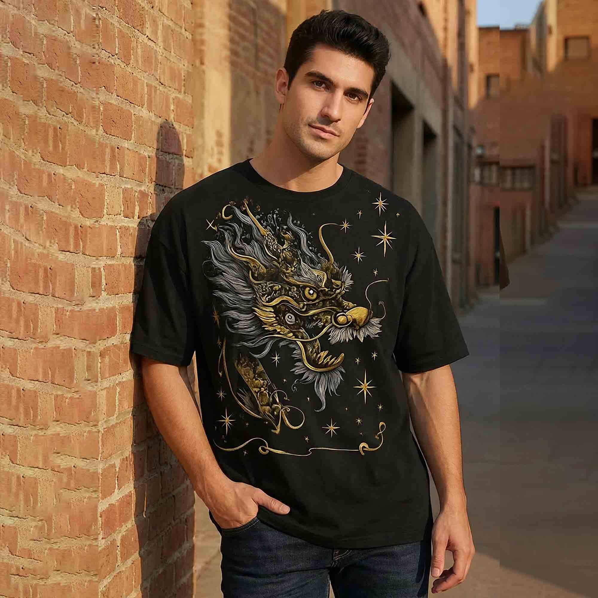 Japanese Dragon Printed Oversized Black T-shirt