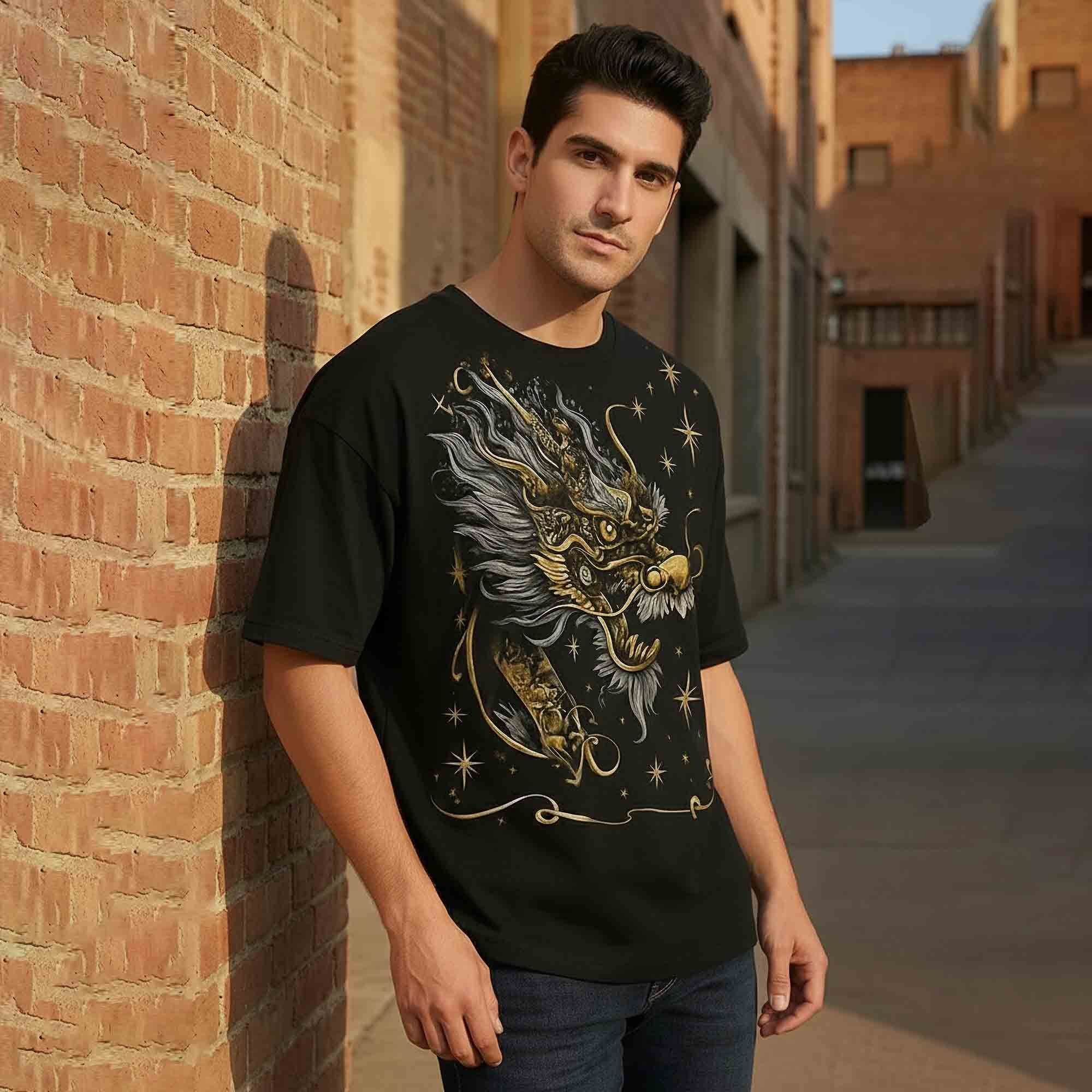 Japanese Dragon Printed Oversized Black T-shirt