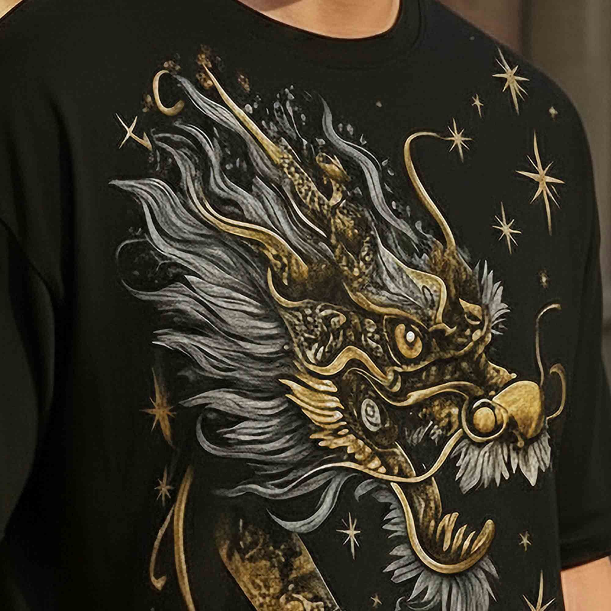 Japanese Dragon Printed Oversized Black T-shirt