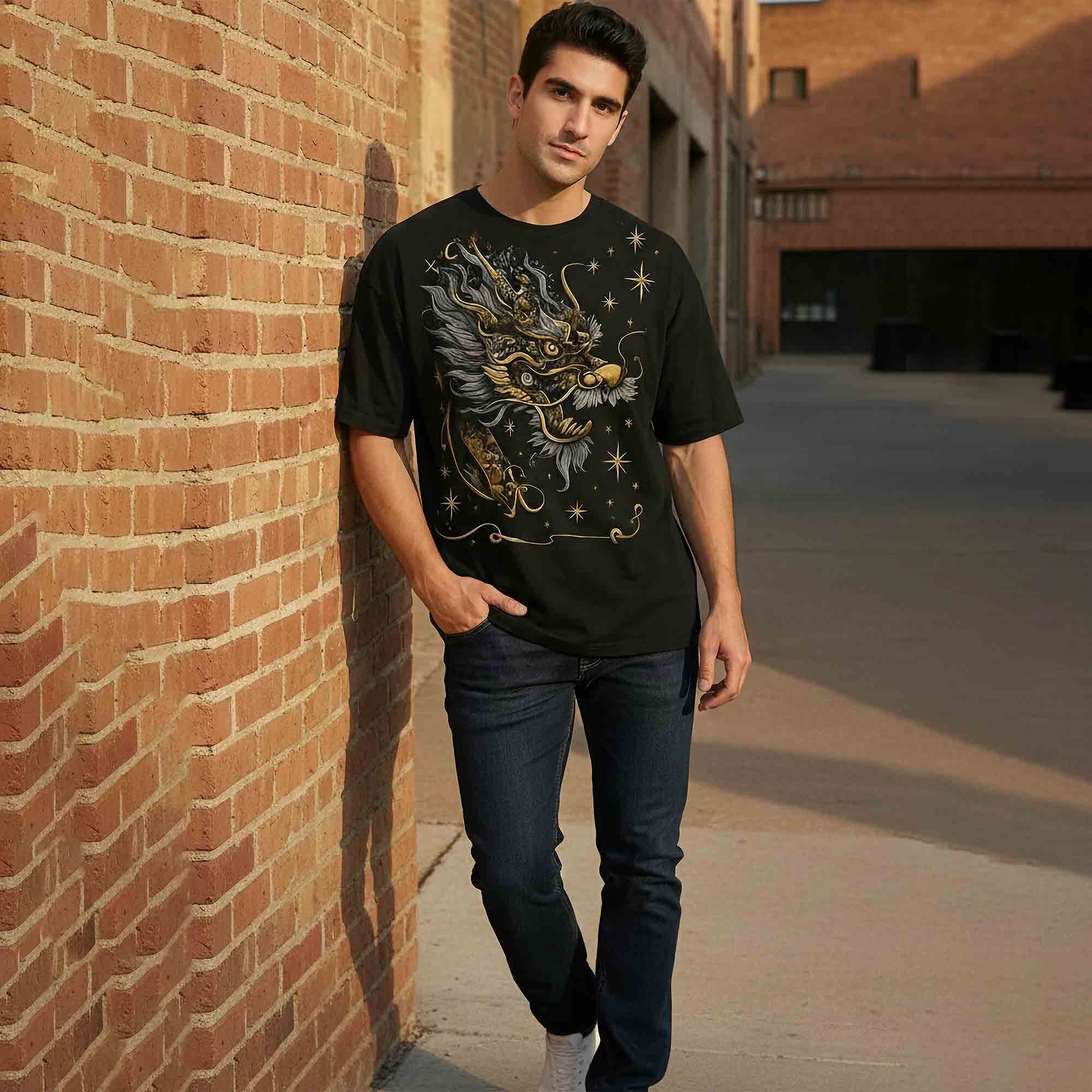 Japanese Dragon Printed Oversized Black T-shirt