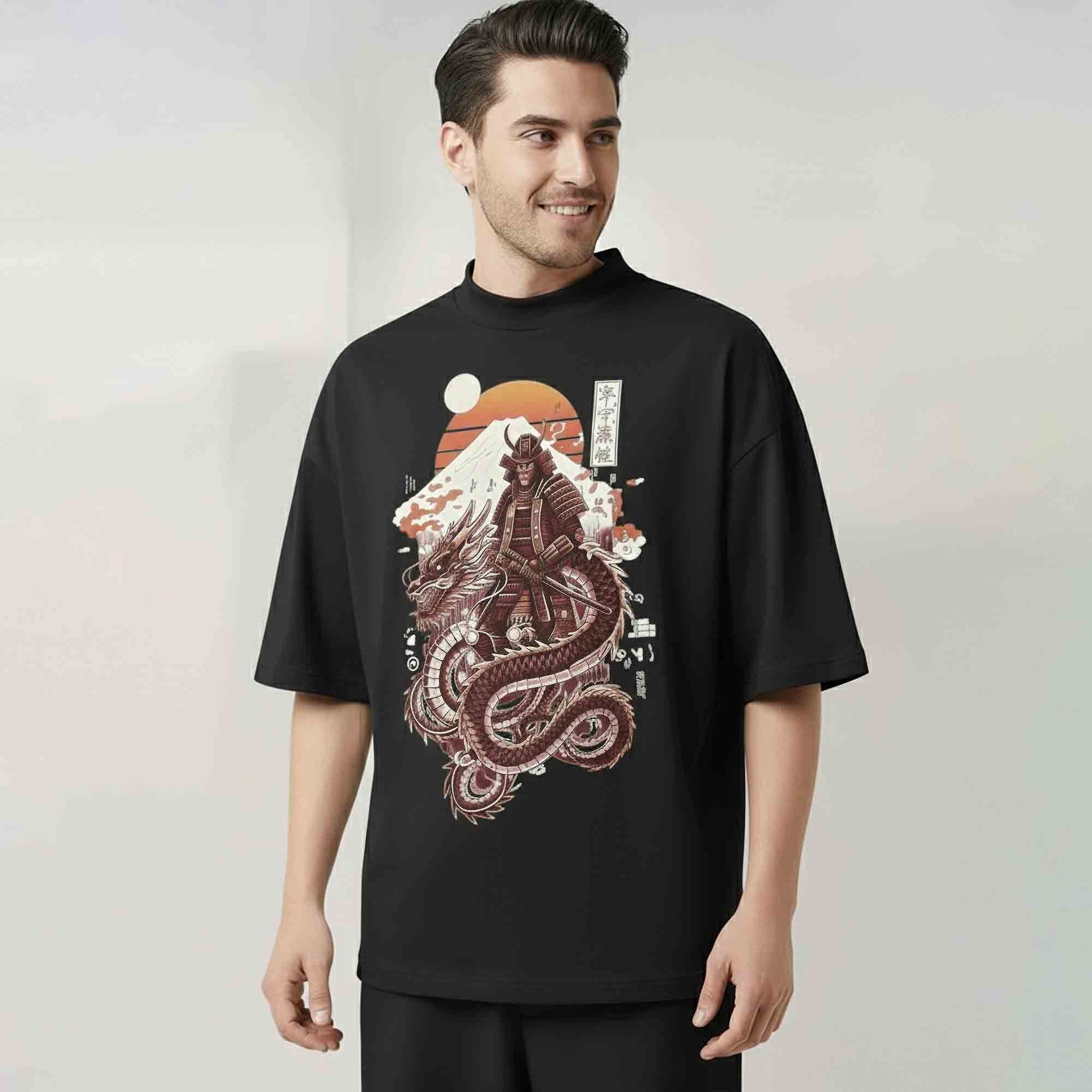 Samurai Dragon Graphic Design Printed Oversized Tshirt Black