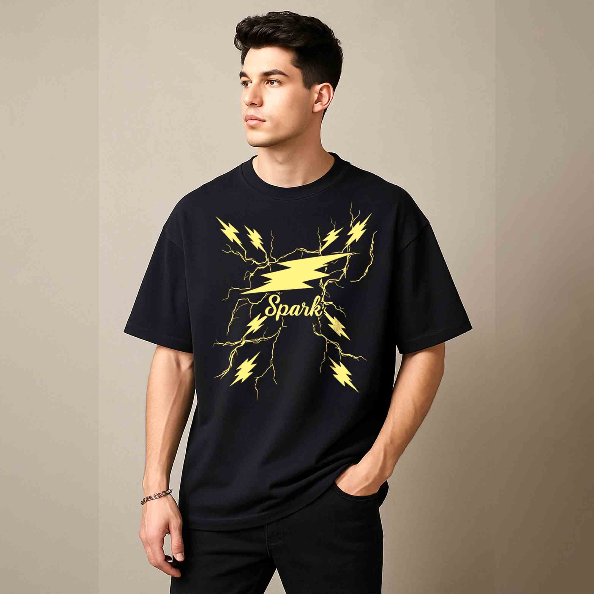 Men Spark Printed Oversized Tshirt Black