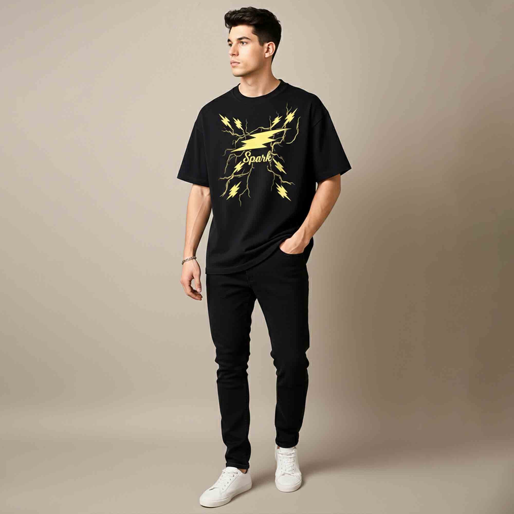 Men Spark Printed Oversized Tshirt Black