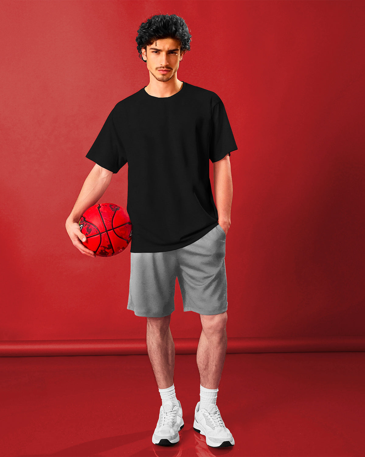 Black Mens Round Neck Solid Oversized T-shirt