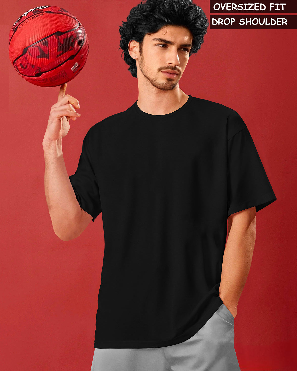 Black Mens Round Neck Solid Oversized T-shirt