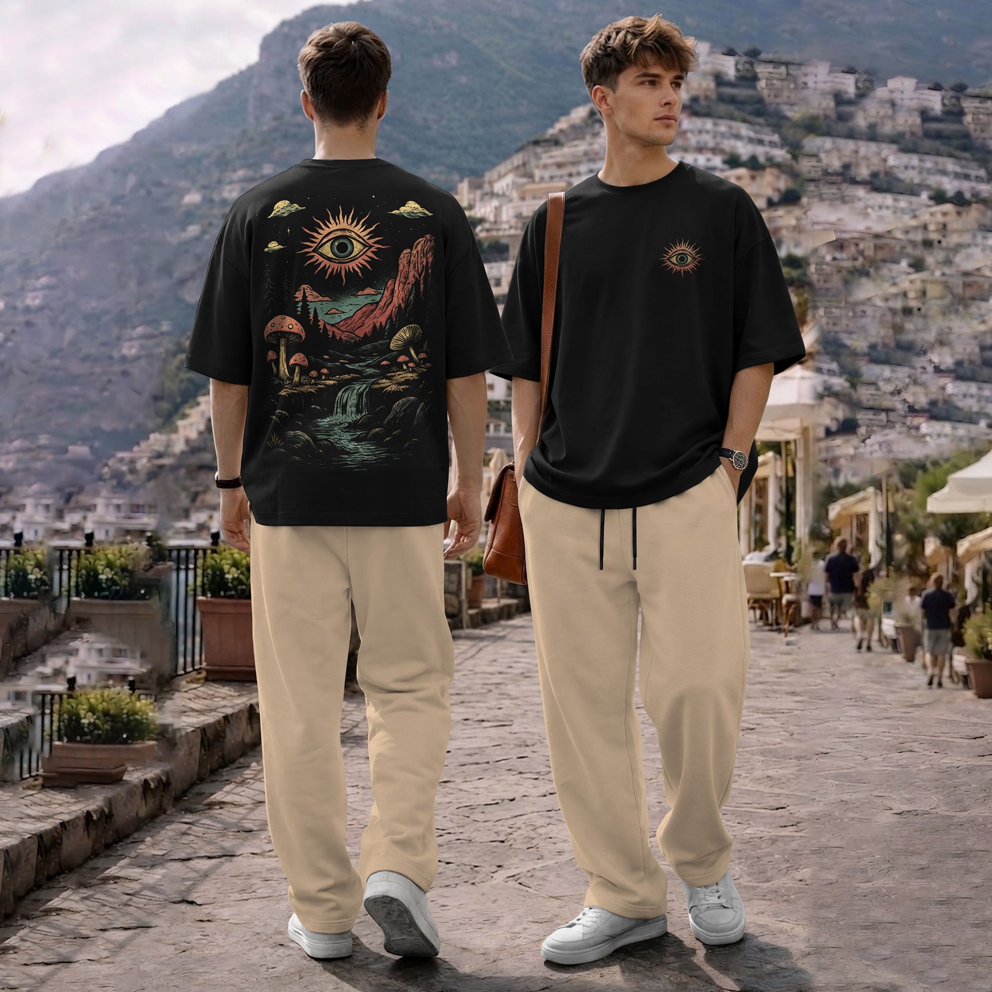 Men Tracksuit Oversized Back Printed Tshirts Loose Fit Plain Trackpants
