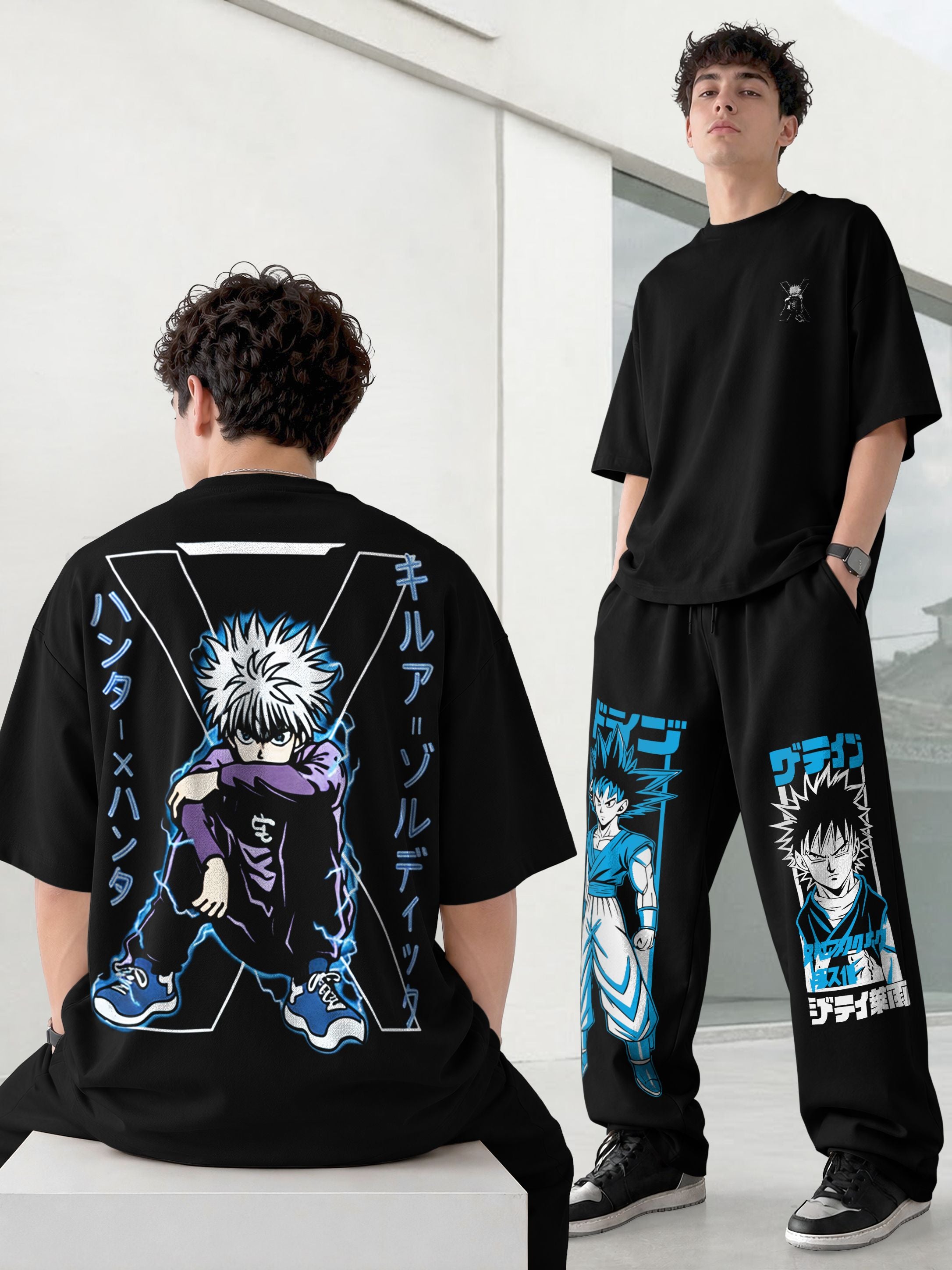 Mens Oversized Graphic Design Printed T-shirt & Baggy Trackpant Out Fit Sets
