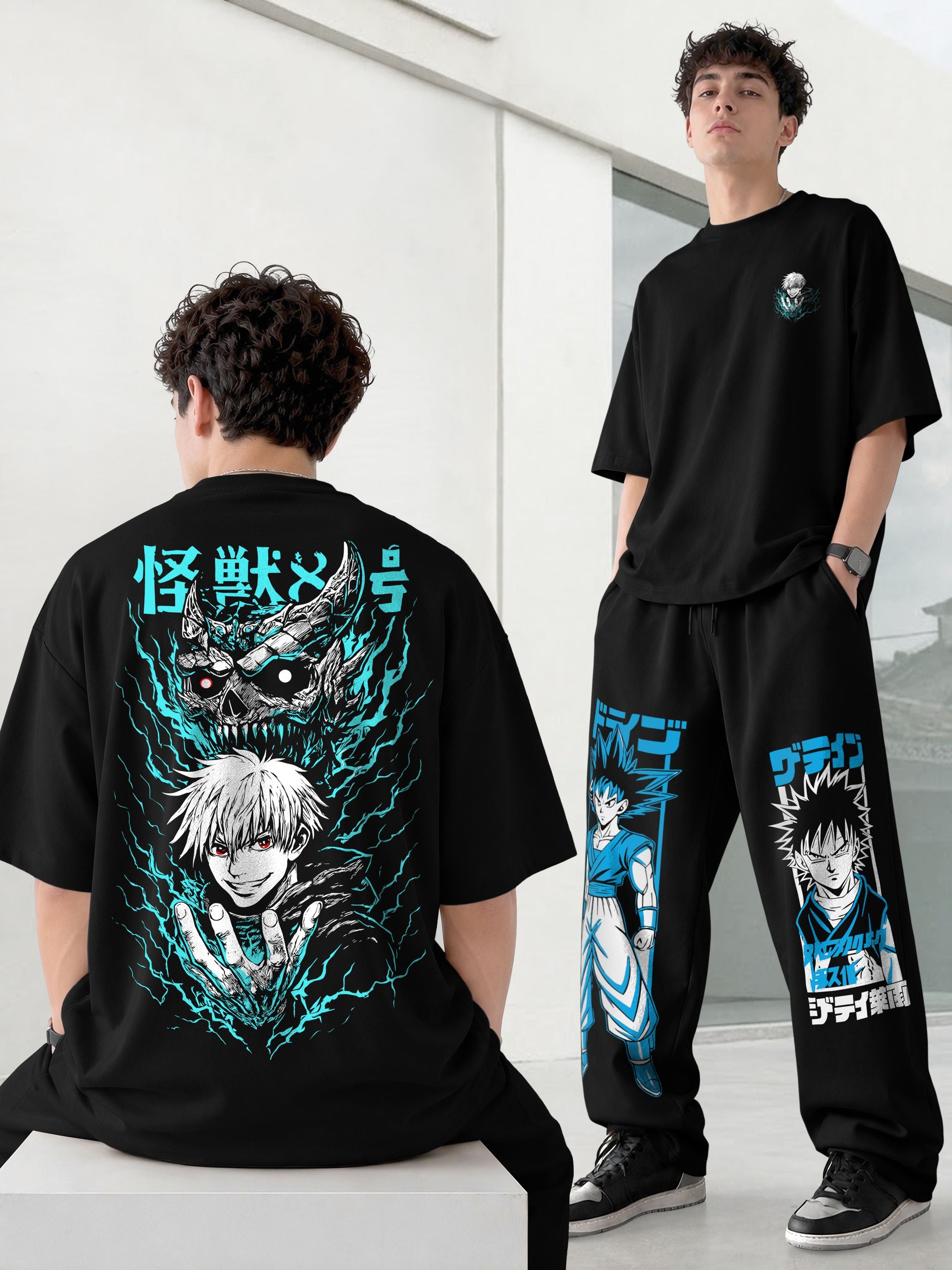 Mens Oversized Graphic Design Printed T-shirt & Baggy Trackpant Out Fit Sets