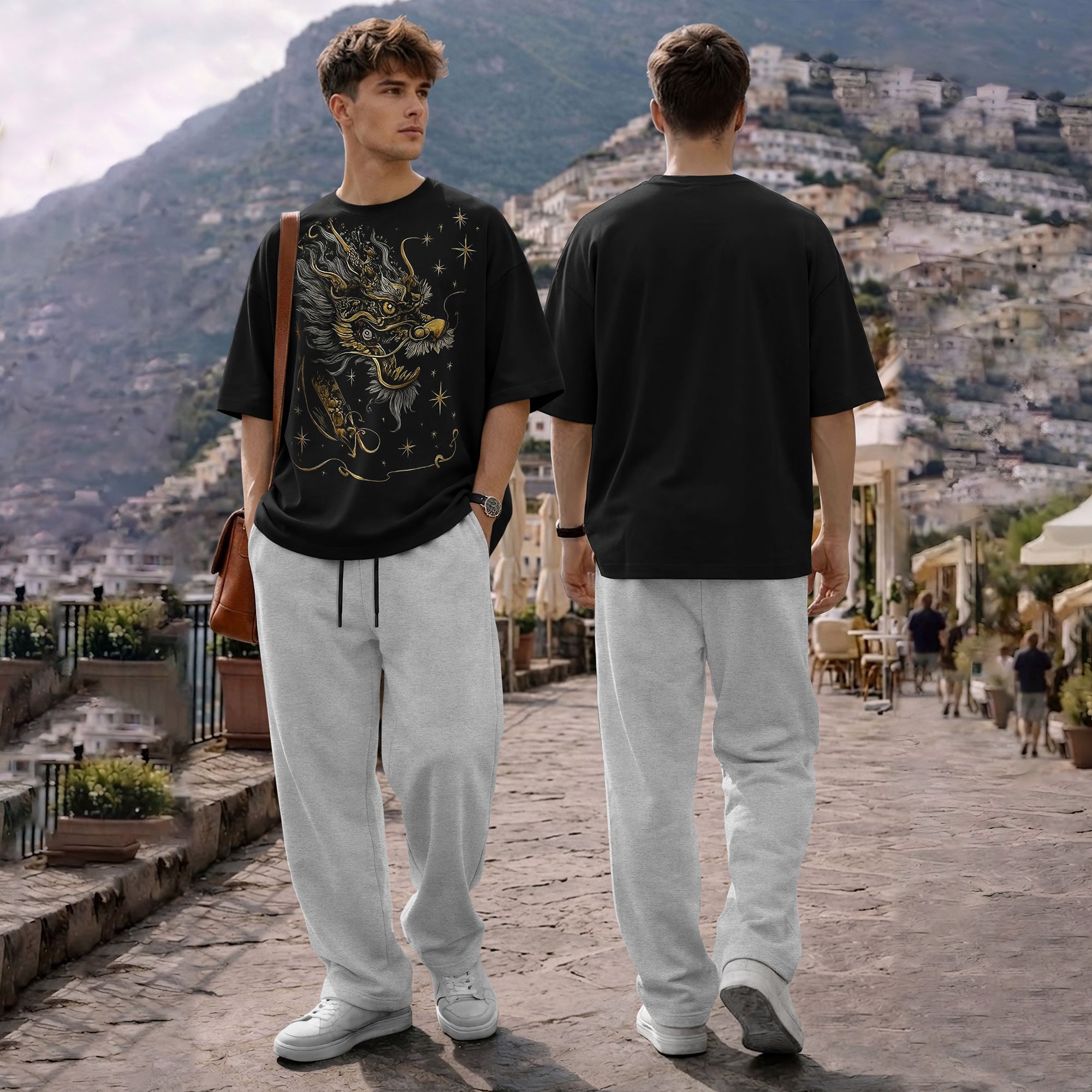 Men Tracksuit Oversized Back Printed Tshirts Loose Fit Plain Trackpants