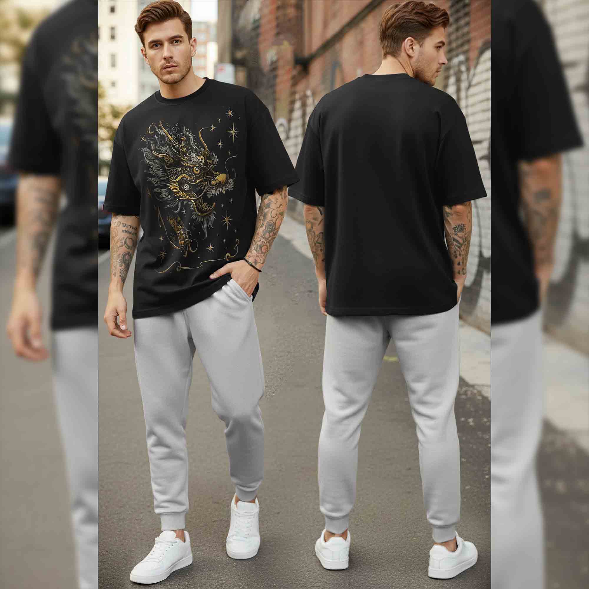 Oversized Back Printed Tshirts Plain Matching Trackpants Outfit Sets