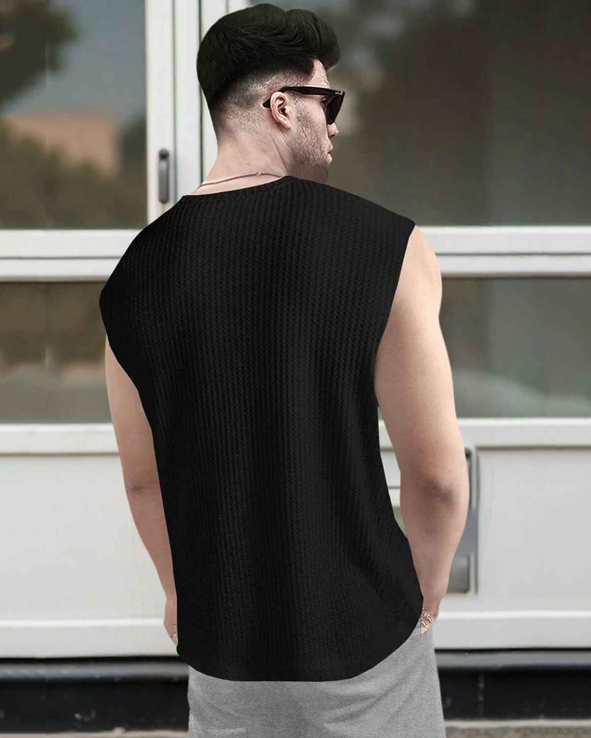 Men Casual Round Neck Plain Waffle Vest Black
