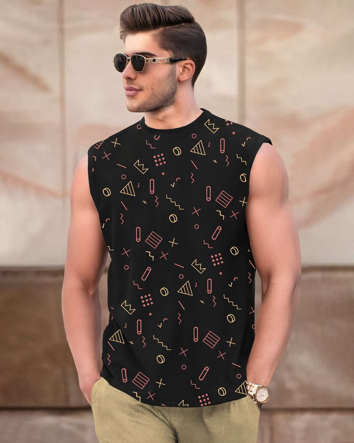 Men Black Round Neck Printed Sleeveless