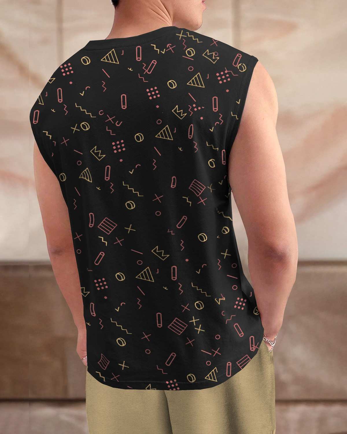 Men Black Round Neck Printed Sleeveless