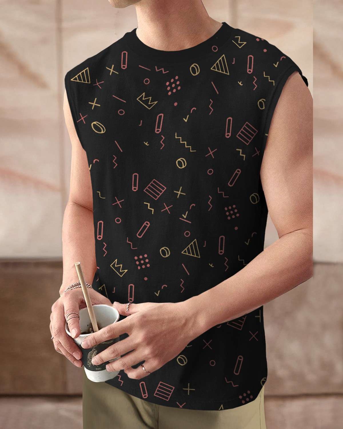 Men Black Round Neck Printed Sleeveless
