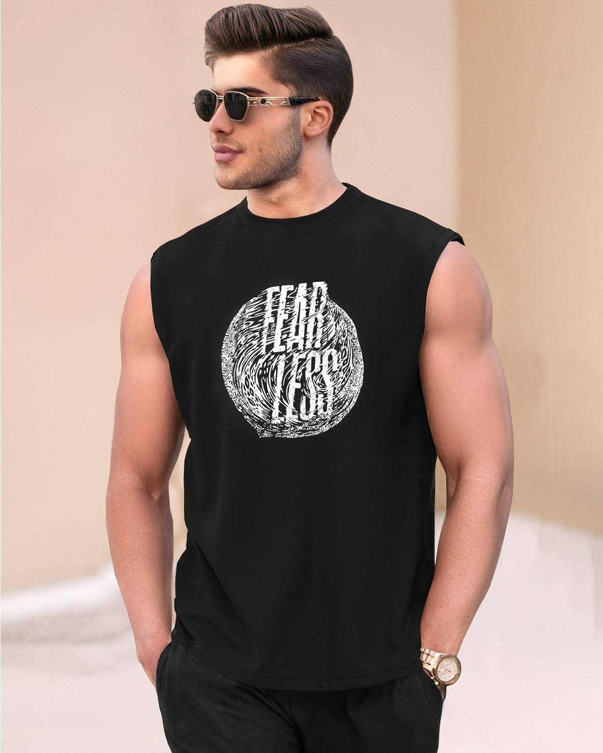 Men Printed Black Round Neck Top Tank