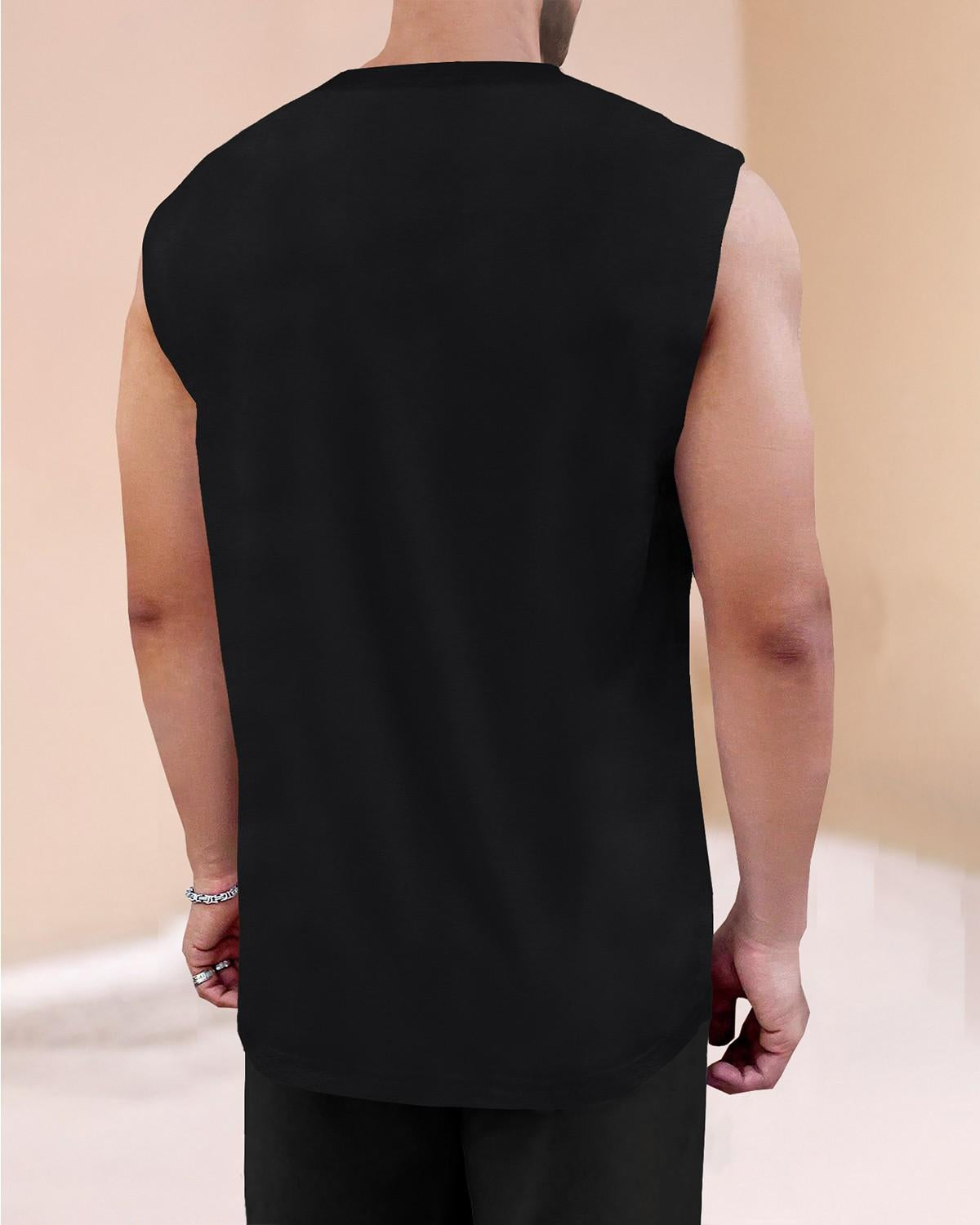 Men Printed Black Round Neck Top Tank