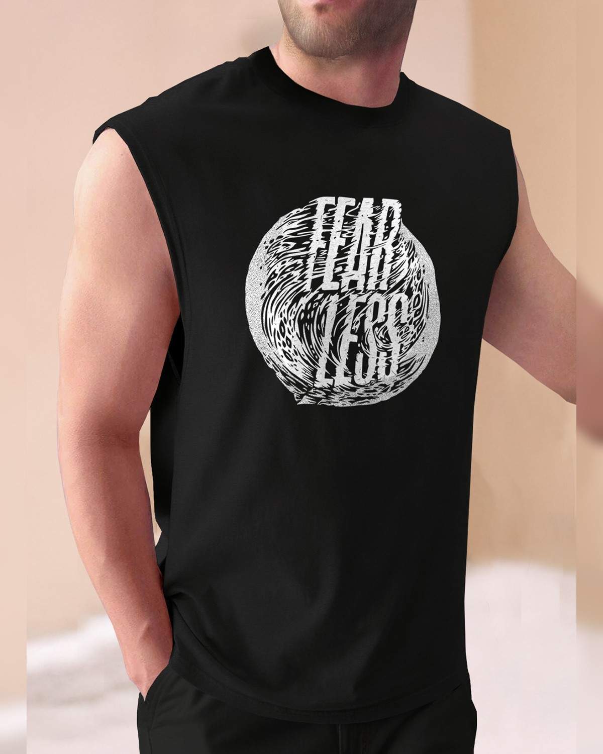 Men Printed Black Round Neck Top Tank