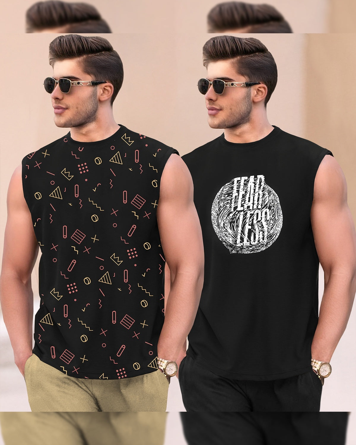(Pack Of 2) Graphic Printed Round Neck Vests- 15 Variants