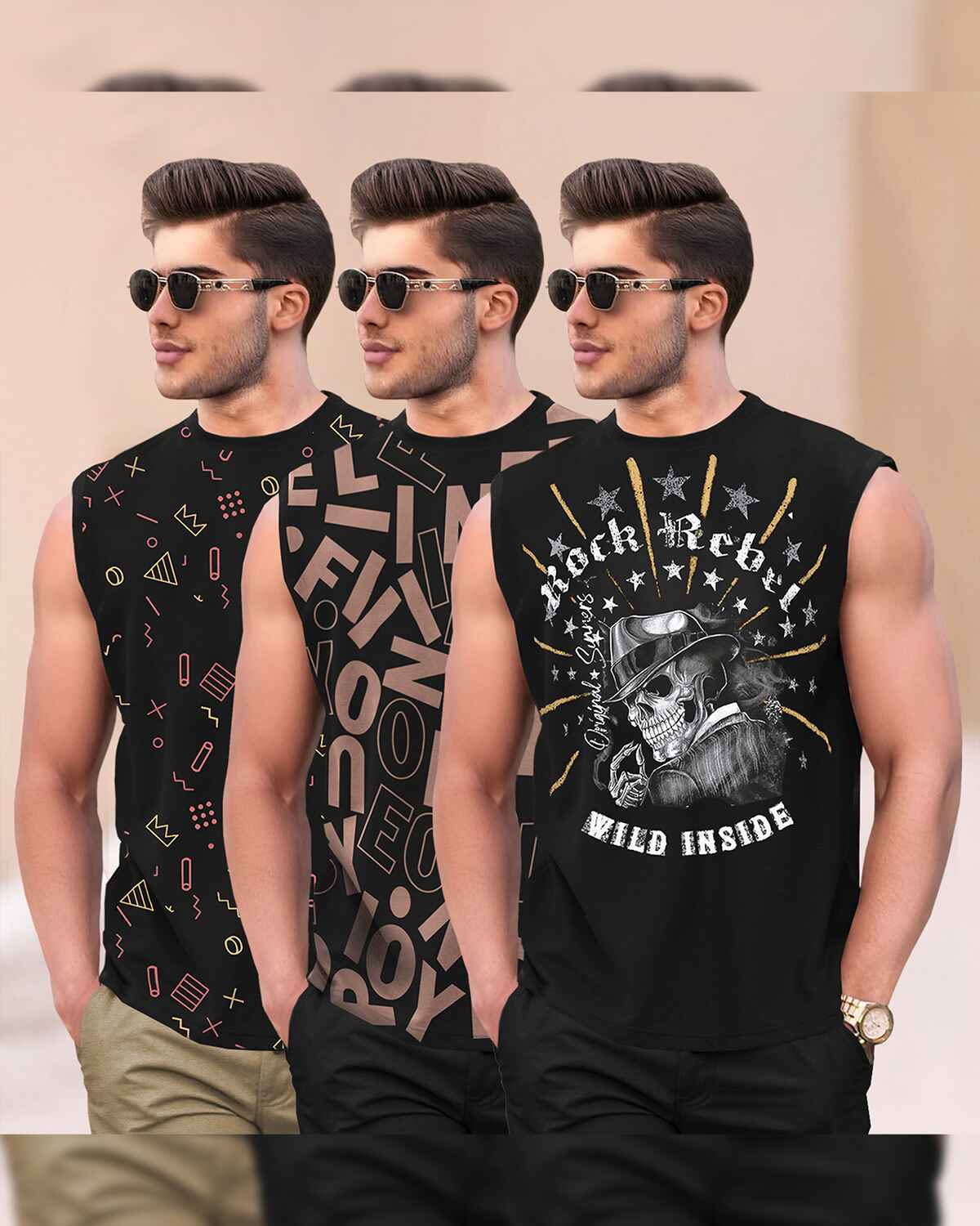 (Pack Of 3) Men Casual Round Neck Printed And Plain Vests