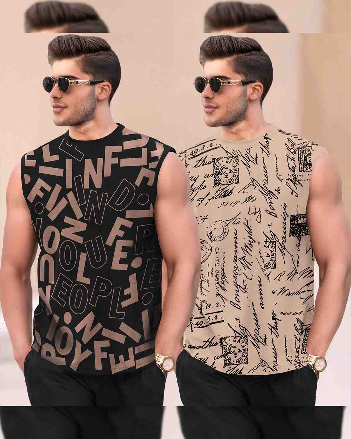 Men Round Neck Casual Printed Vest VT5-VT9 / Black & Beige
