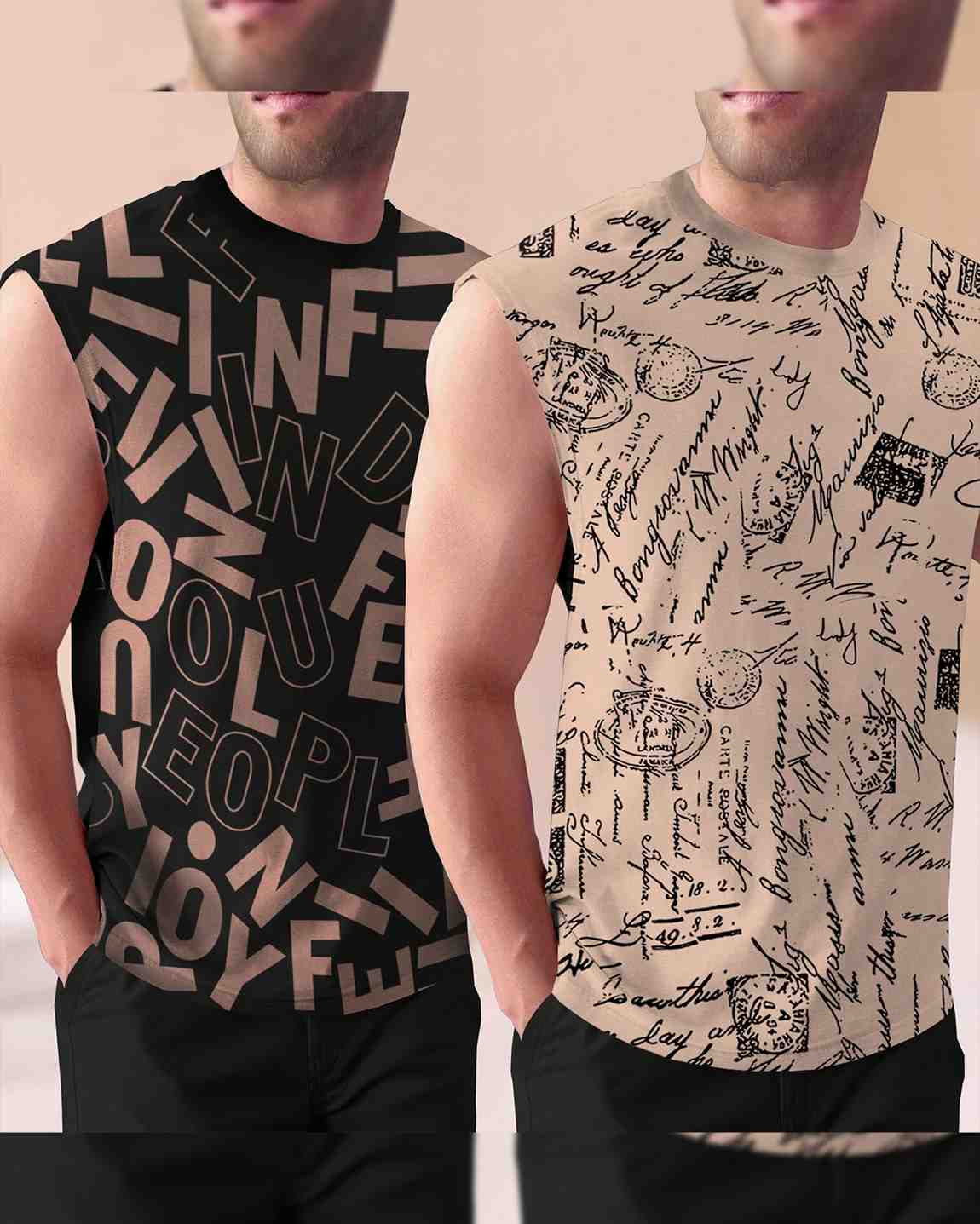 Men Round Neck Casual Printed Vest VT5-VT9 / Black & Beige