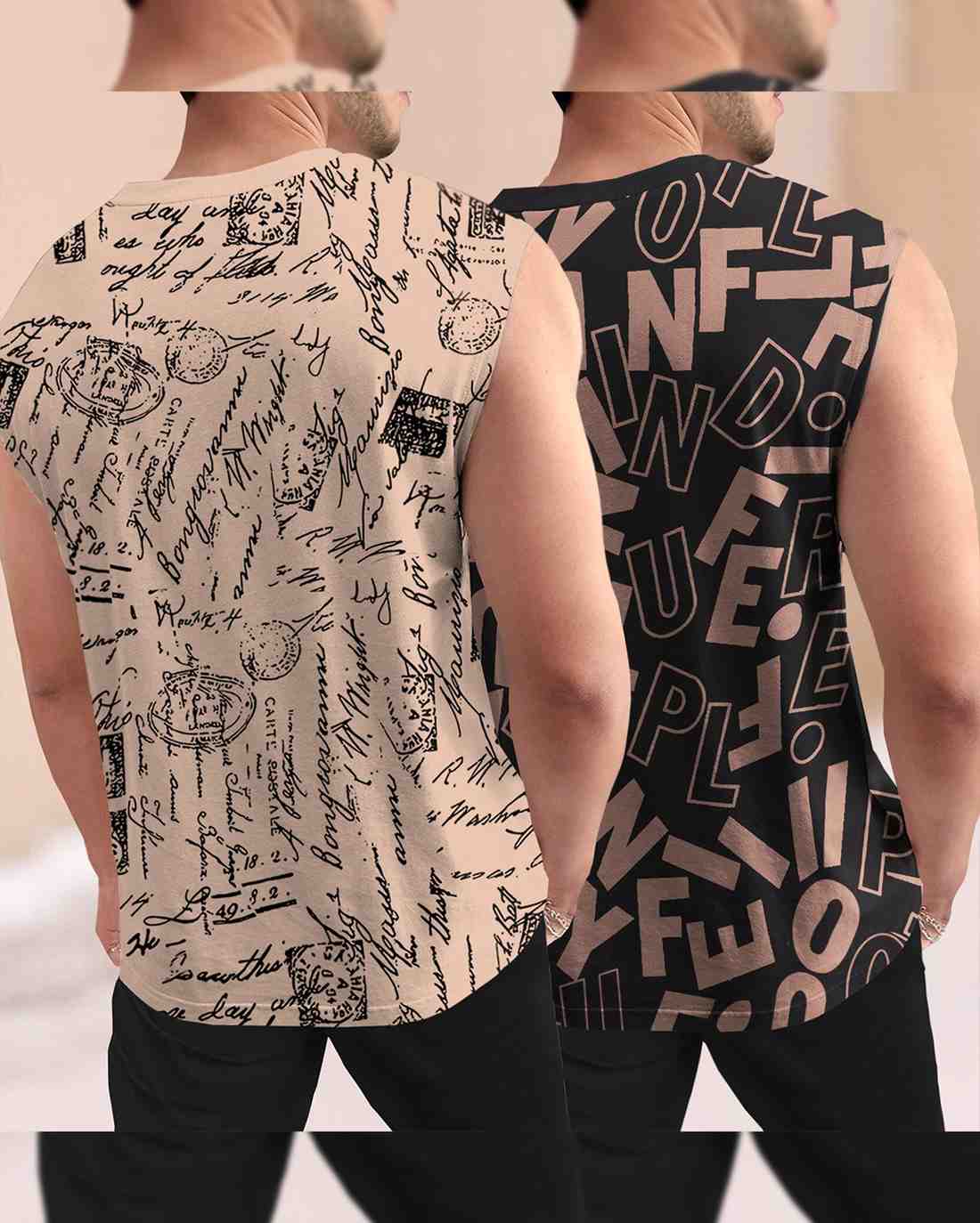 Men Round Neck Casual Printed Vest VT5-VT9 / Black & Beige