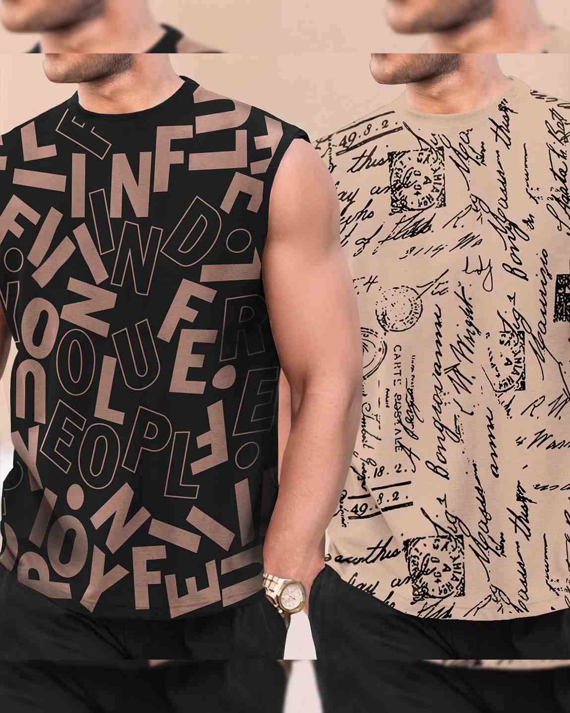 Men Round Neck Casual Printed Vest VT5-VT9 / Black & Beige