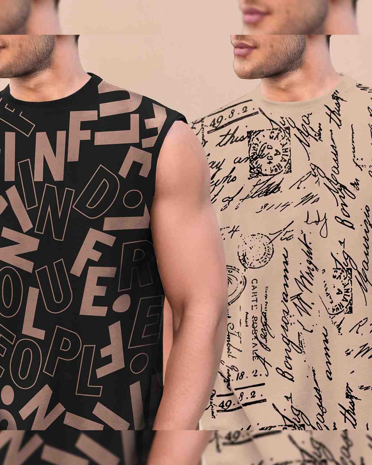 Men Round Neck Casual Printed Vest VT5-VT9 / Black & Beige