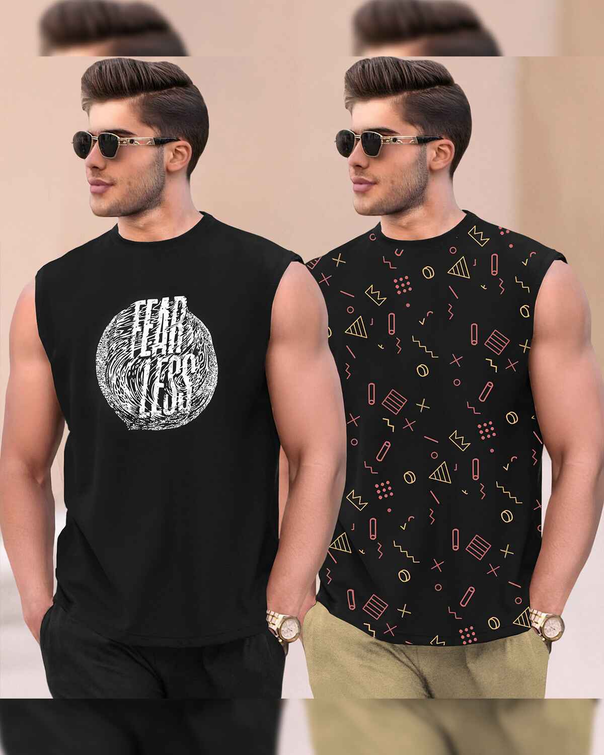 (Pack Of 2) Men Black Design Printed Round Neck Vests