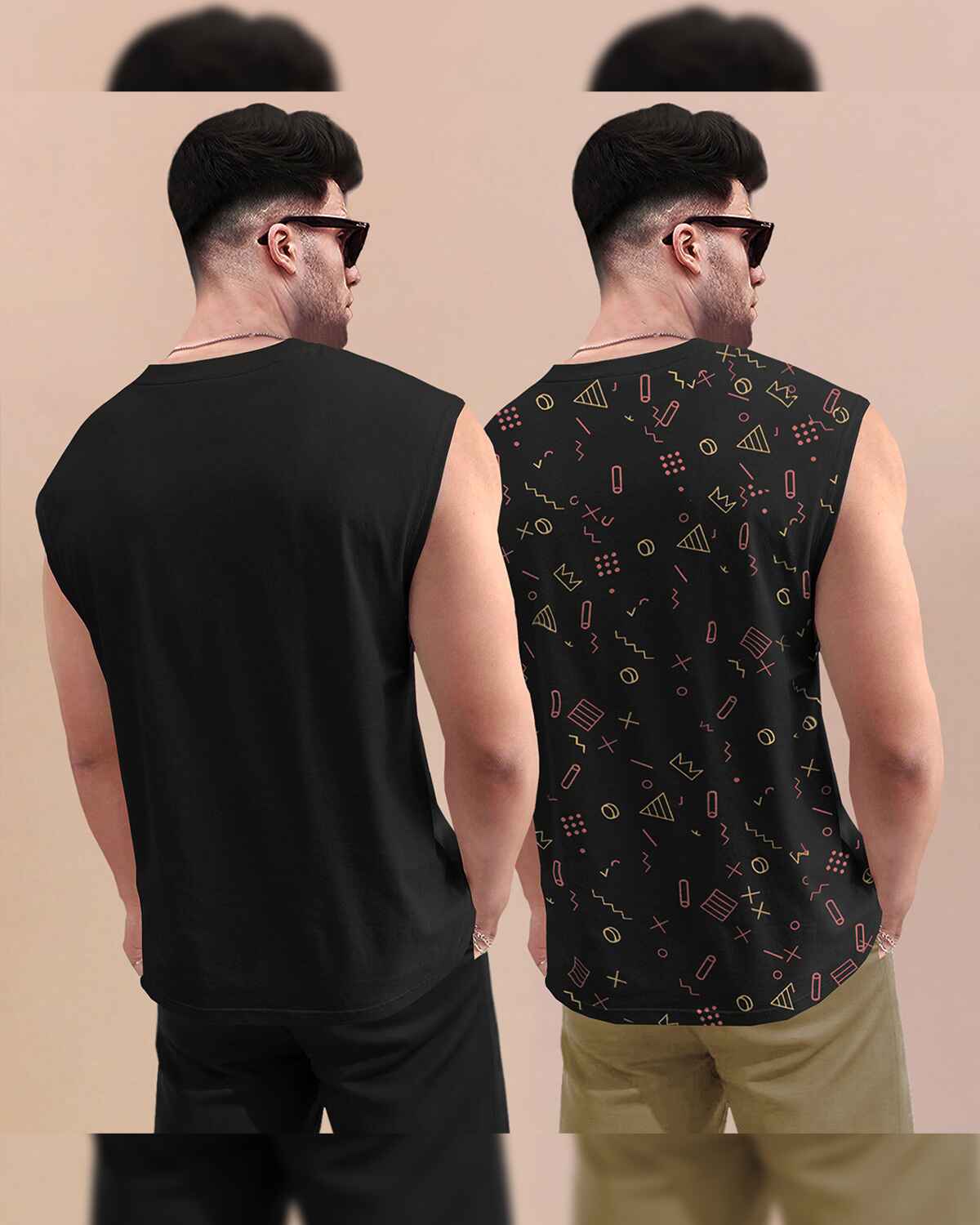 (Pack Of 2) Men Black Design Printed Round Neck Vests