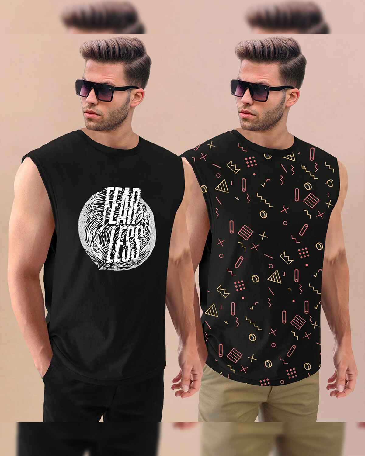 (Pack Of 2) Men Black Design Printed Round Neck Vests