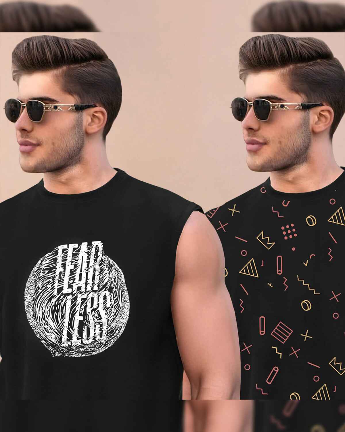 (Pack Of 2) Men Black Design Printed Round Neck Vests