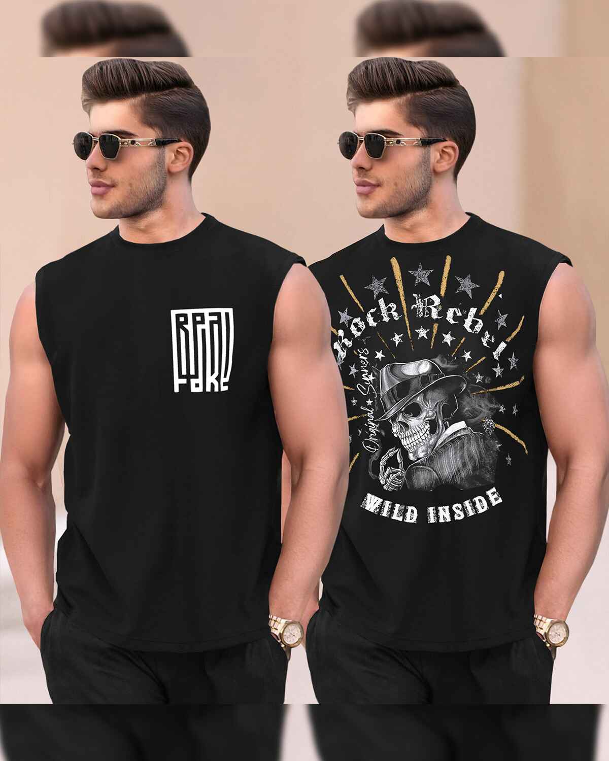 Pack Of 2 Men Round Neck Black Printed Vests