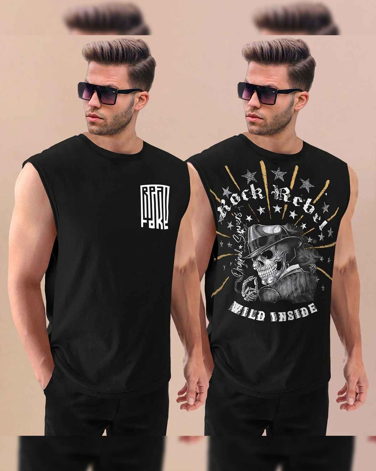 Pack Of 2 Men Round Neck Black Printed Vests