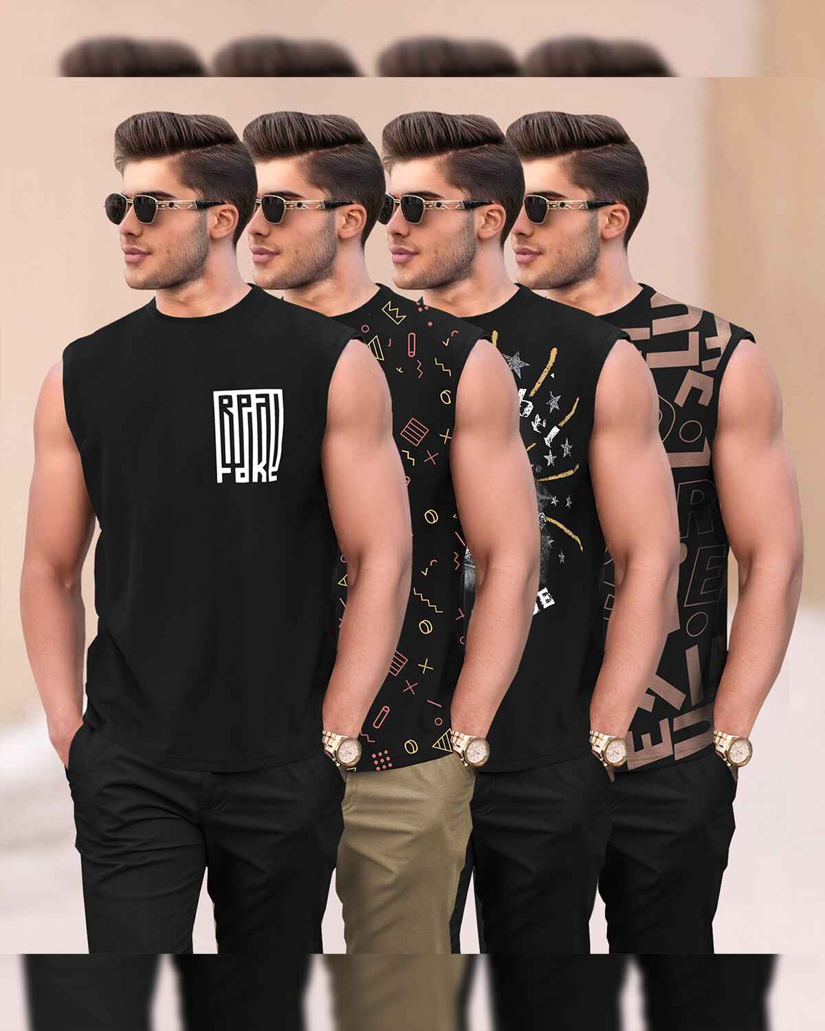 (Pack Of 4) Round Neck Printed Sleeveless / Black
