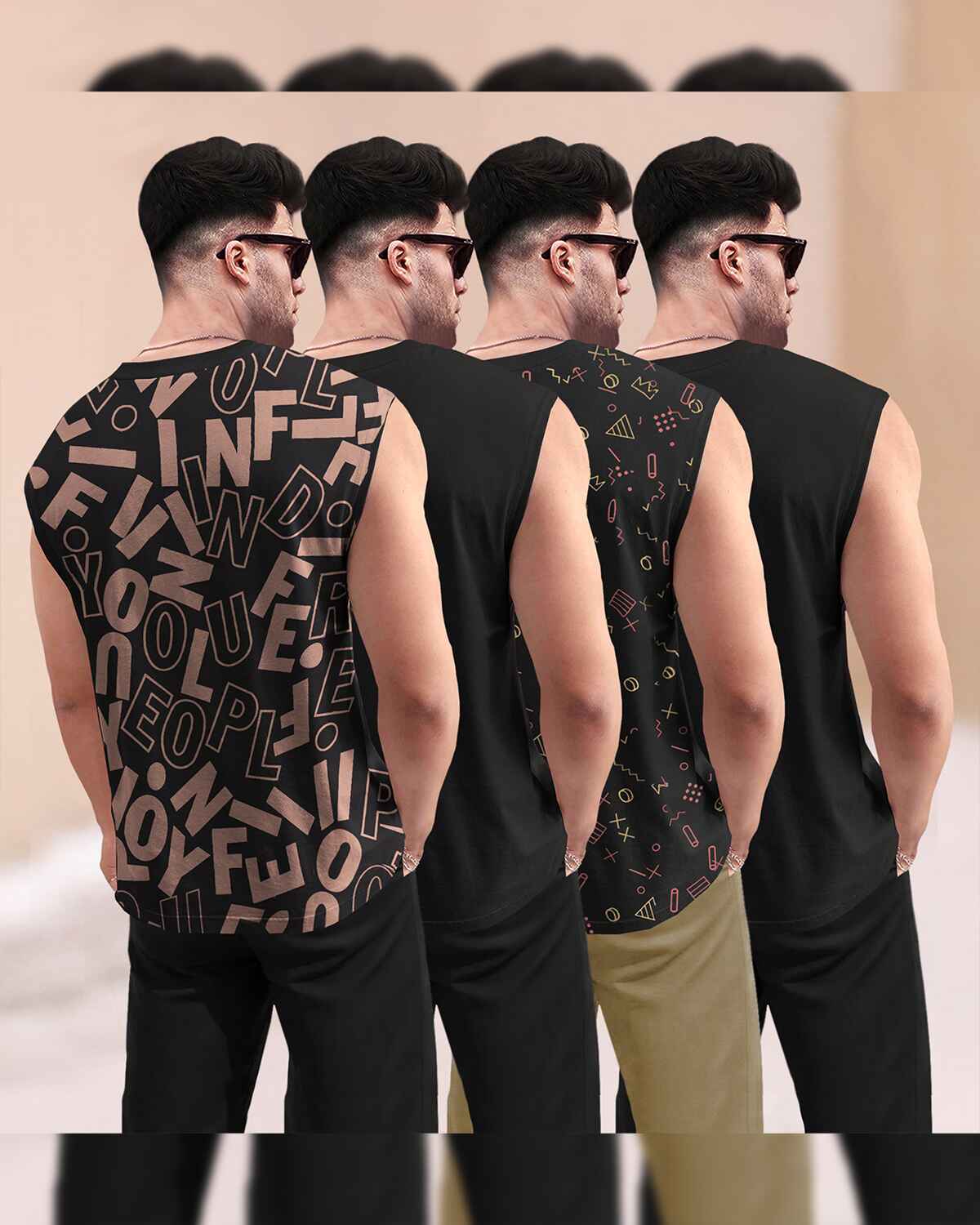 (Pack Of 4) Round Neck Printed Sleeveless / Black