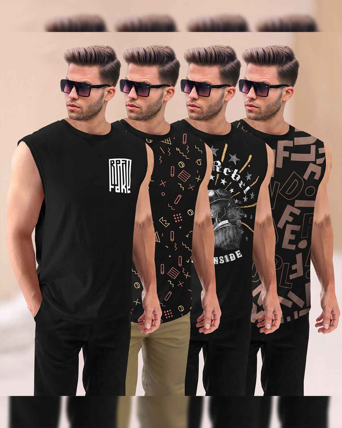 (Pack Of 4) Round Neck Printed Sleeveless / Black